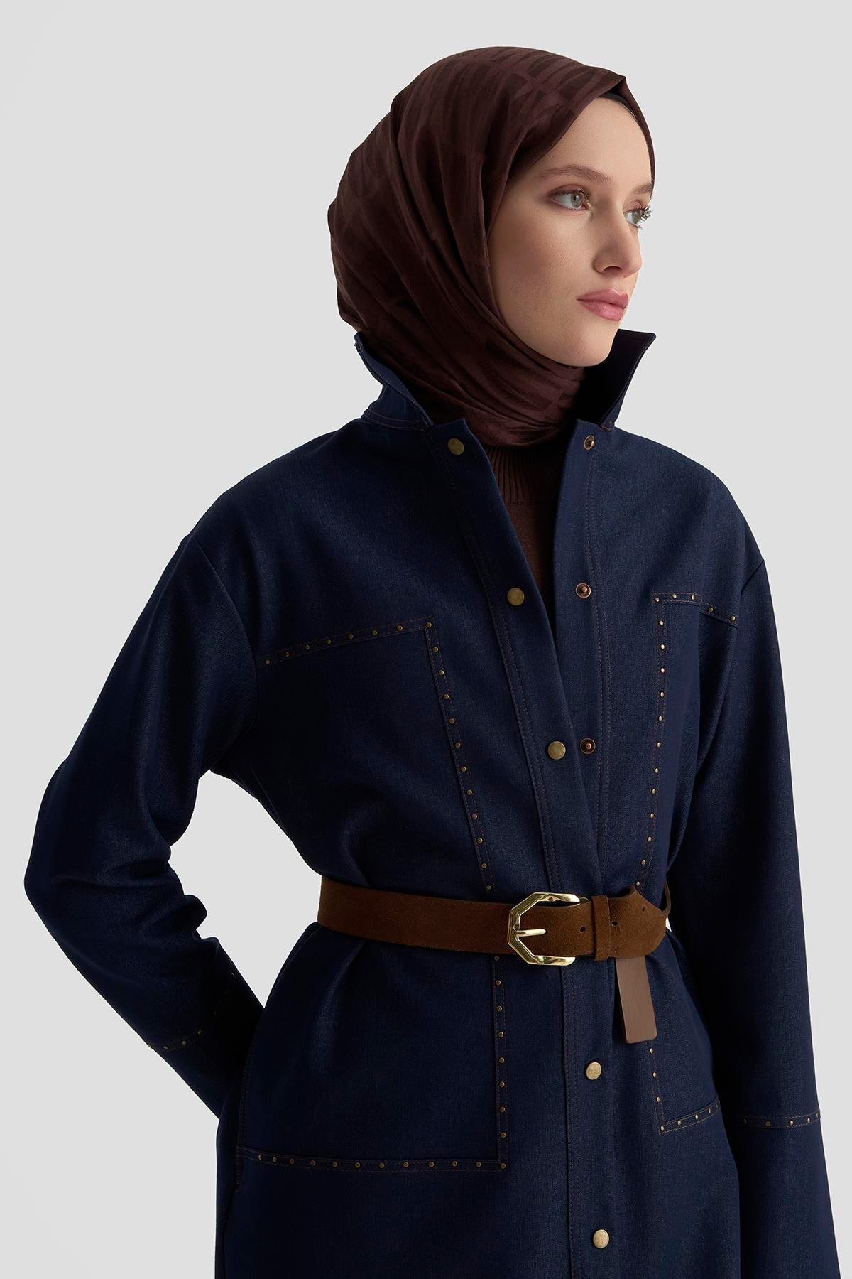 ARMİNE TREND Taş Detaylı Çıtçıtlı Gömlek Yakalı Tunik İndigo 25KT401