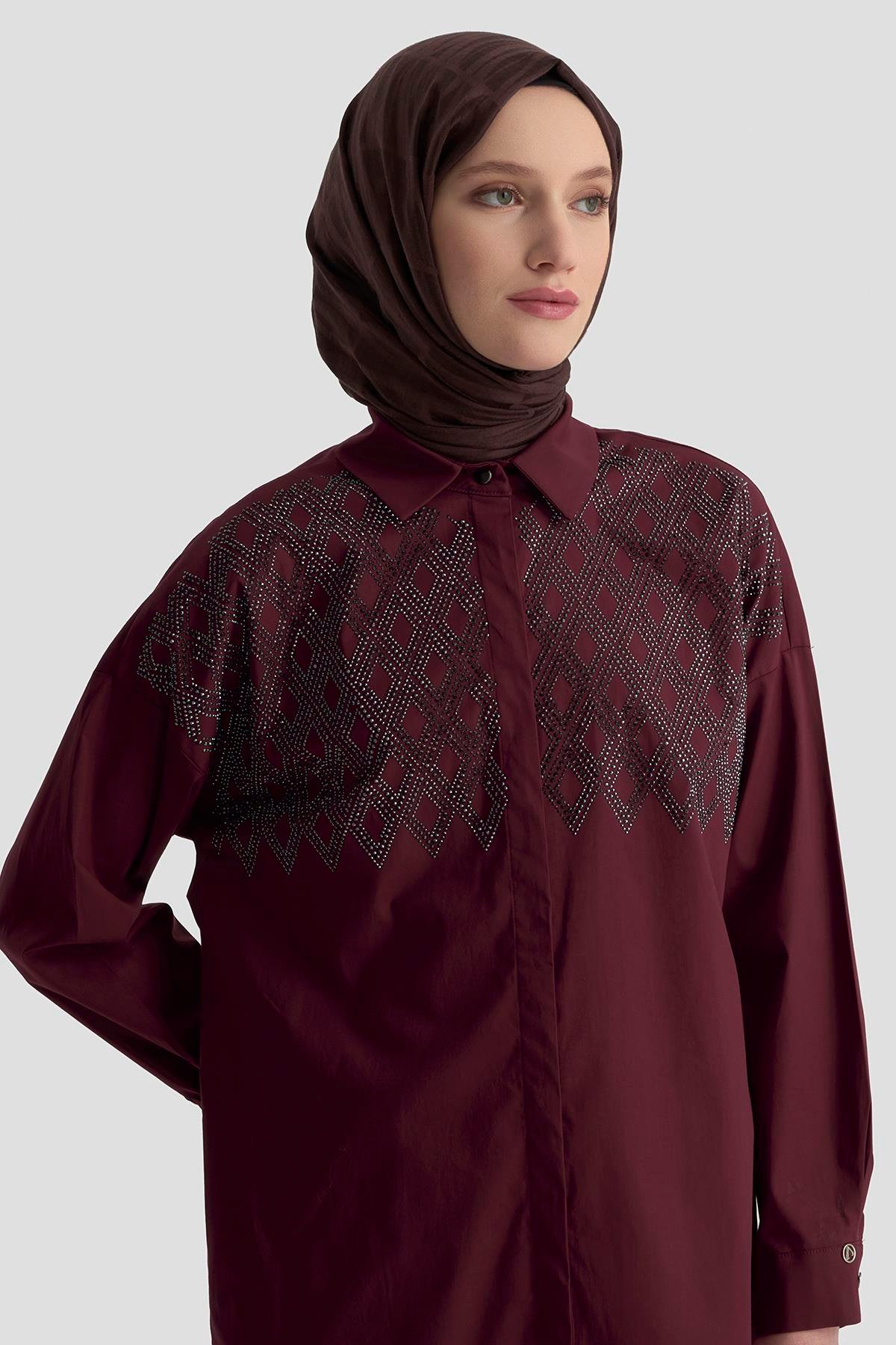 ARMİNE TREND Taş İşlemeli Gizli Düğmeli Tunik-Vişne 25KT419