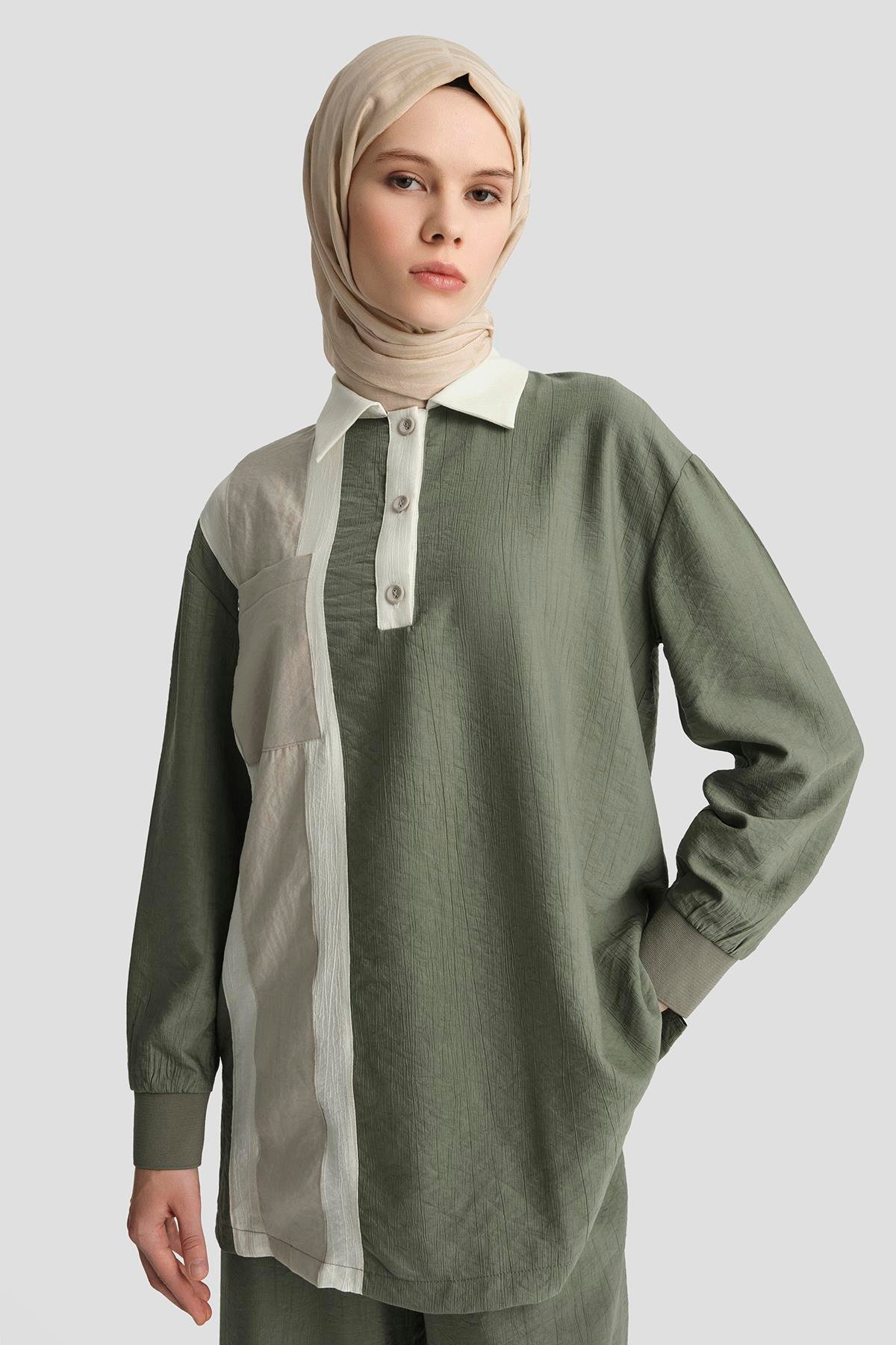 ARMİNE TREND Yakalı Düğmeli Pantolonlu İkili Takım-Haki 25YT6130
