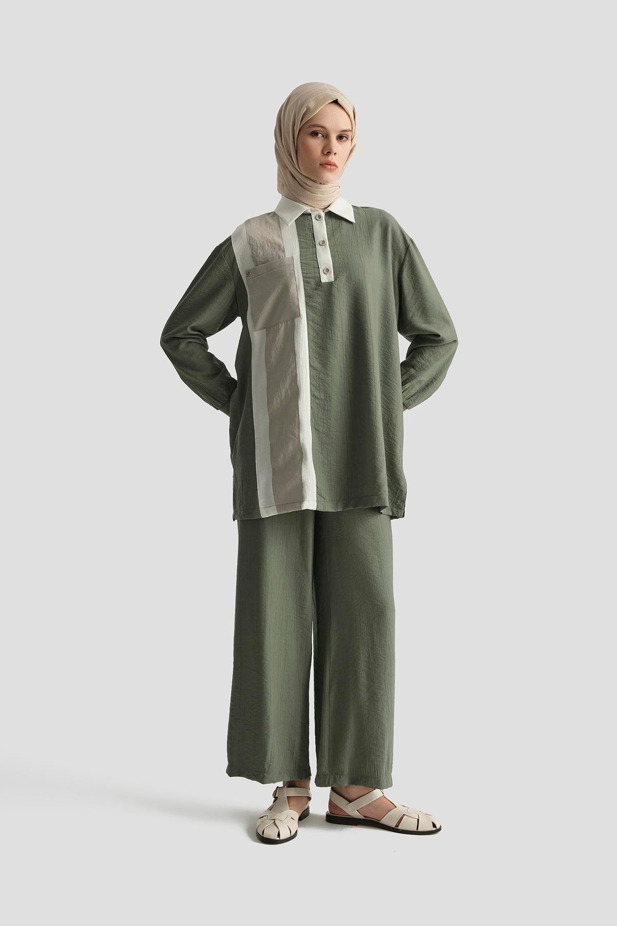 ARMİNE TREND Yakalı Düğmeli Pantolonlu İkili Takım-Haki 25YT6130
