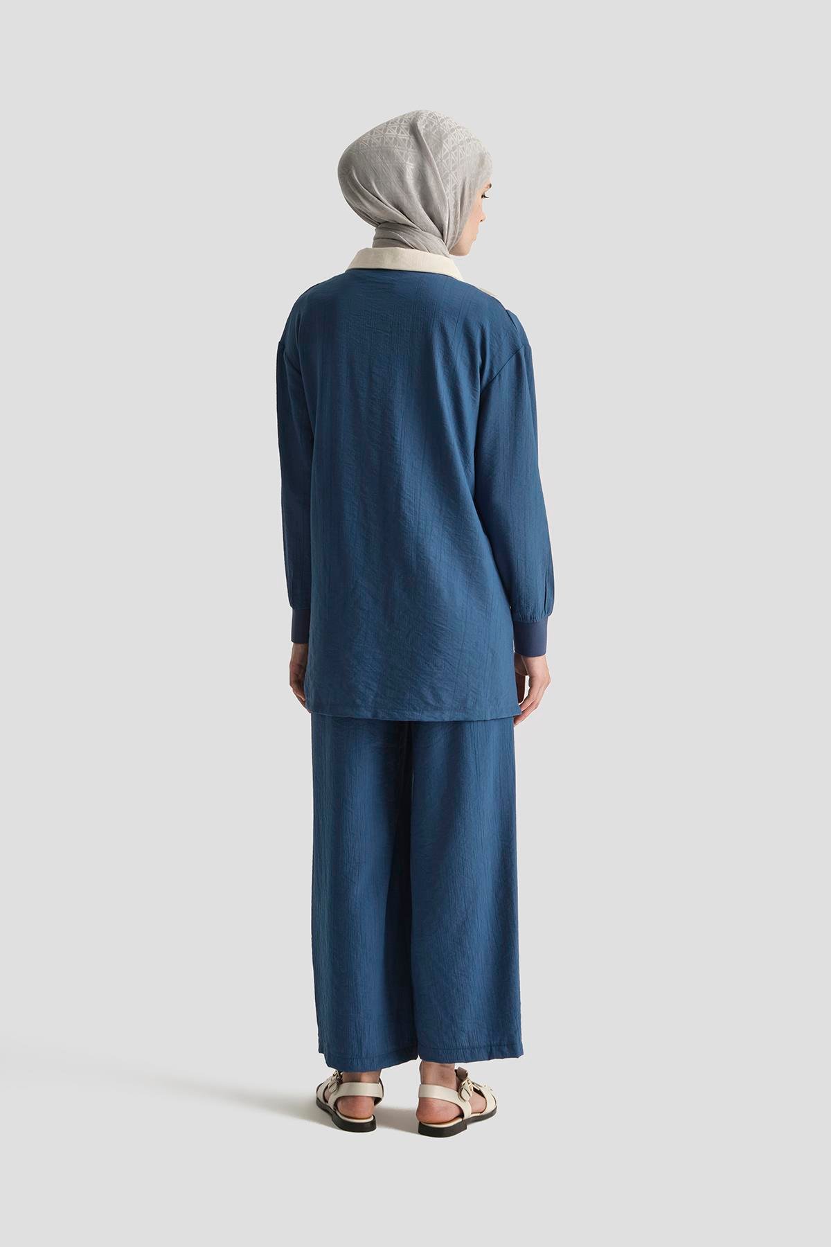 ARMİNE TREND Yakalı Düğmeli Pantolonlu İkili Takım-İndigo 25YT6130