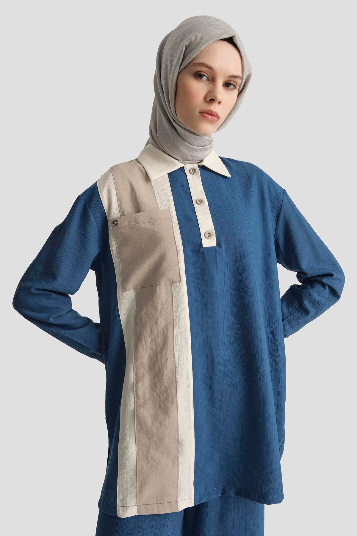 ARMİNE TREND Yakalı Düğmeli Pantolonlu İkili Takım-İndigo 25YT6130