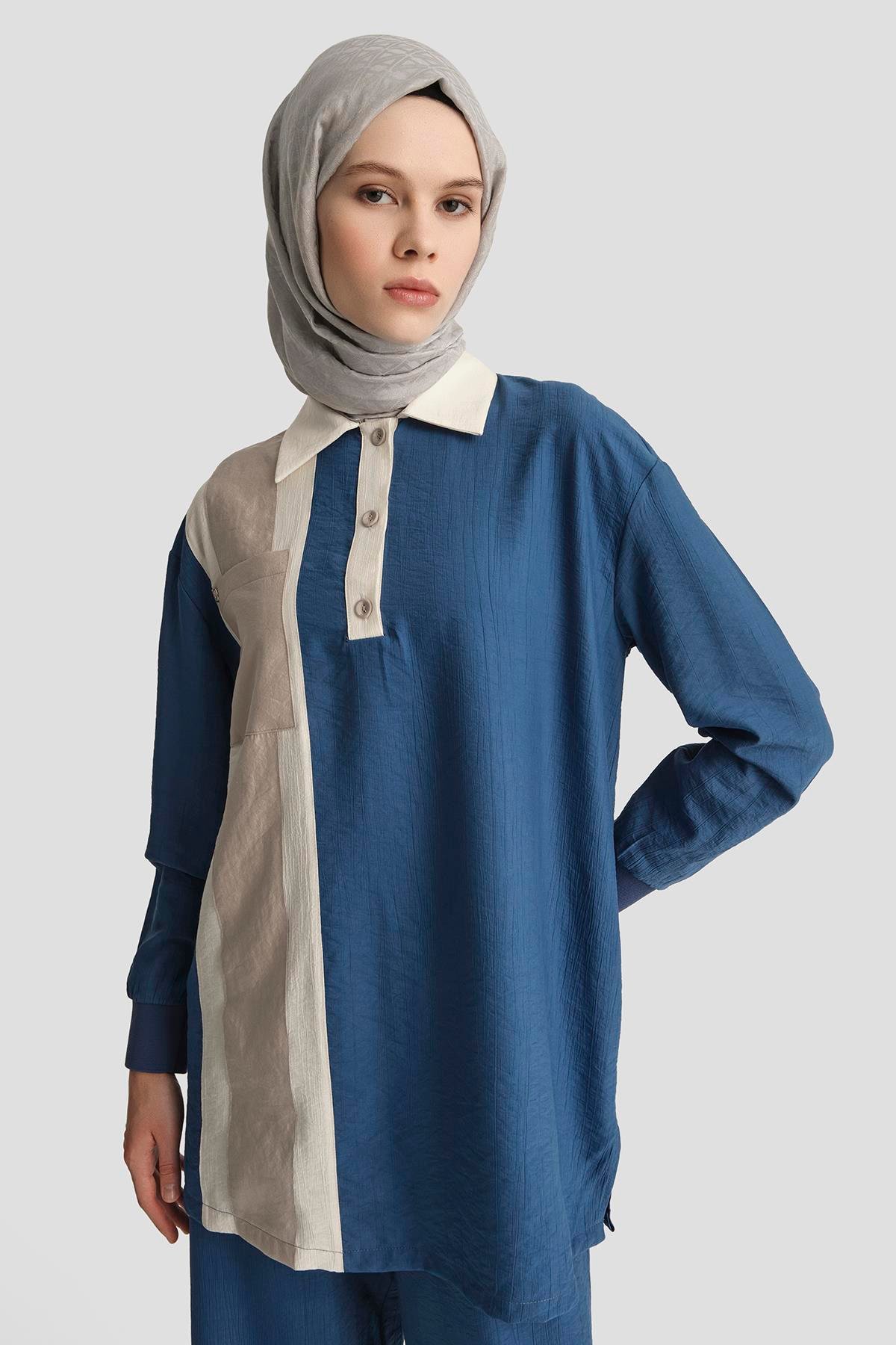 ARMİNE TREND Yakalı Düğmeli Pantolonlu İkili Takım-İndigo 25YT6130