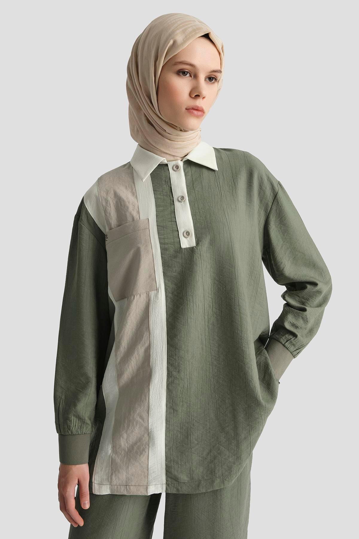 ARMİNE TREND Yakalı Düğmeli Pantolonlu İkili Takım-Haki 25YT6130
