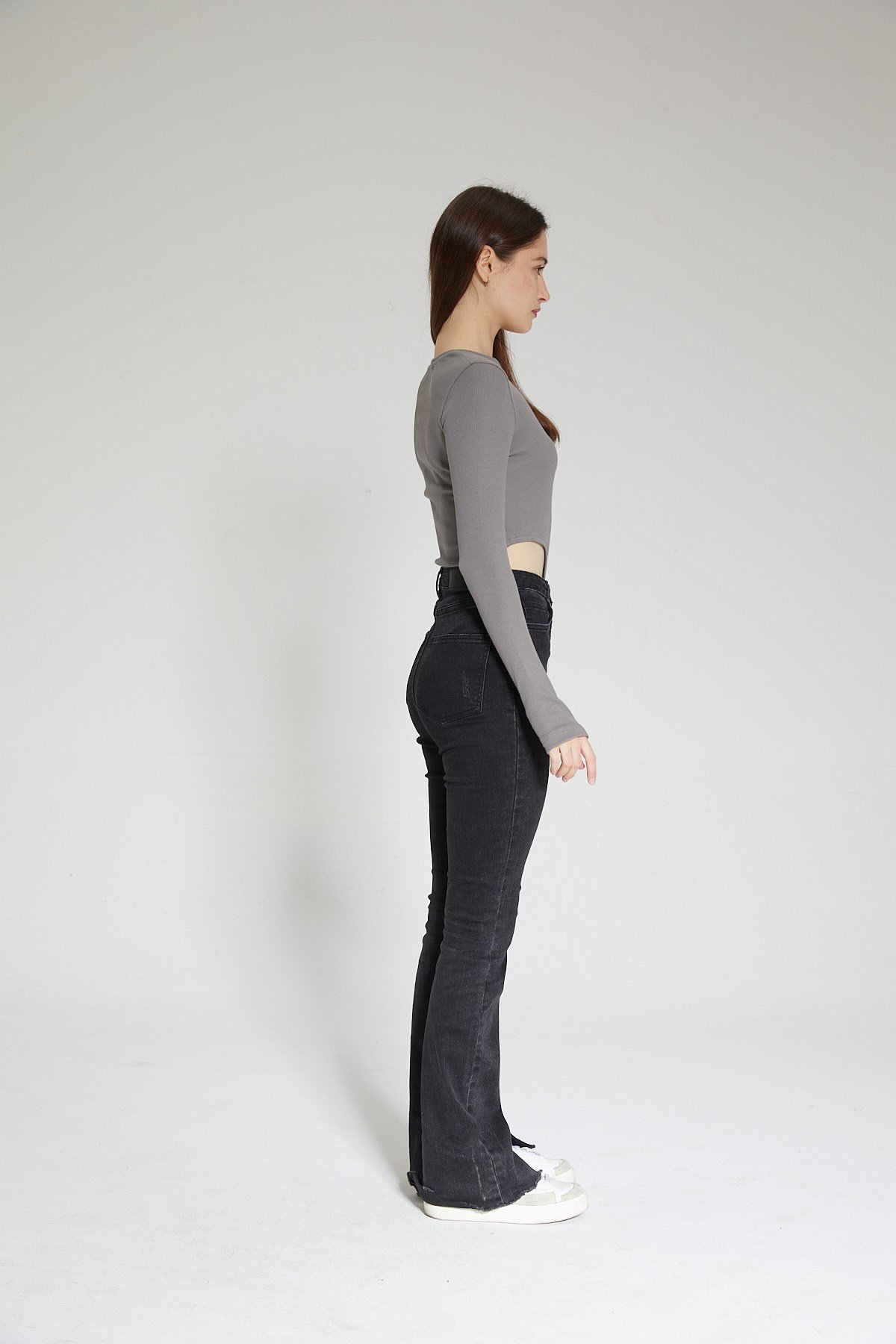 Antrasit Kadın Fitilli Bel Dekolteli Parmak Detaylı Body Suit - Ren