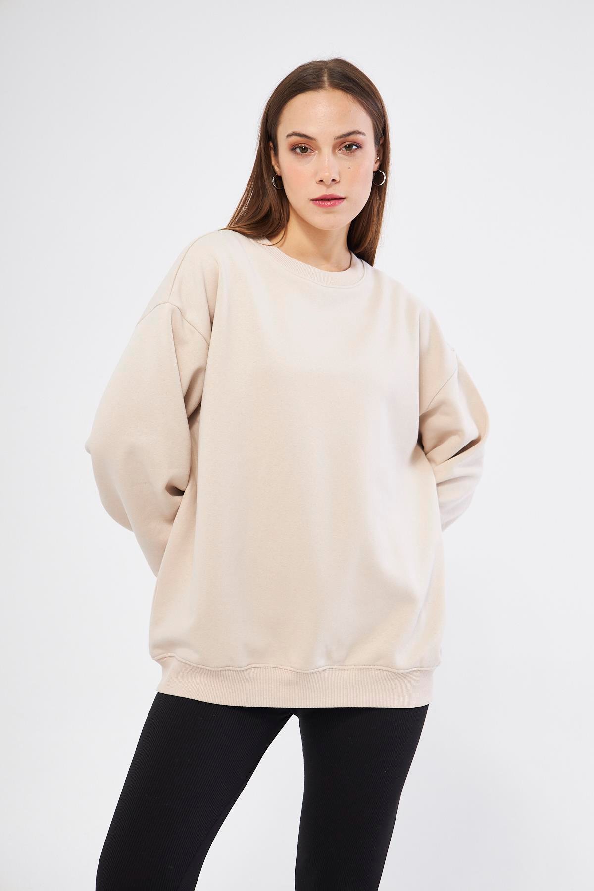 Bej Kadın Oversize Basic Sweatshirt - Karmen
