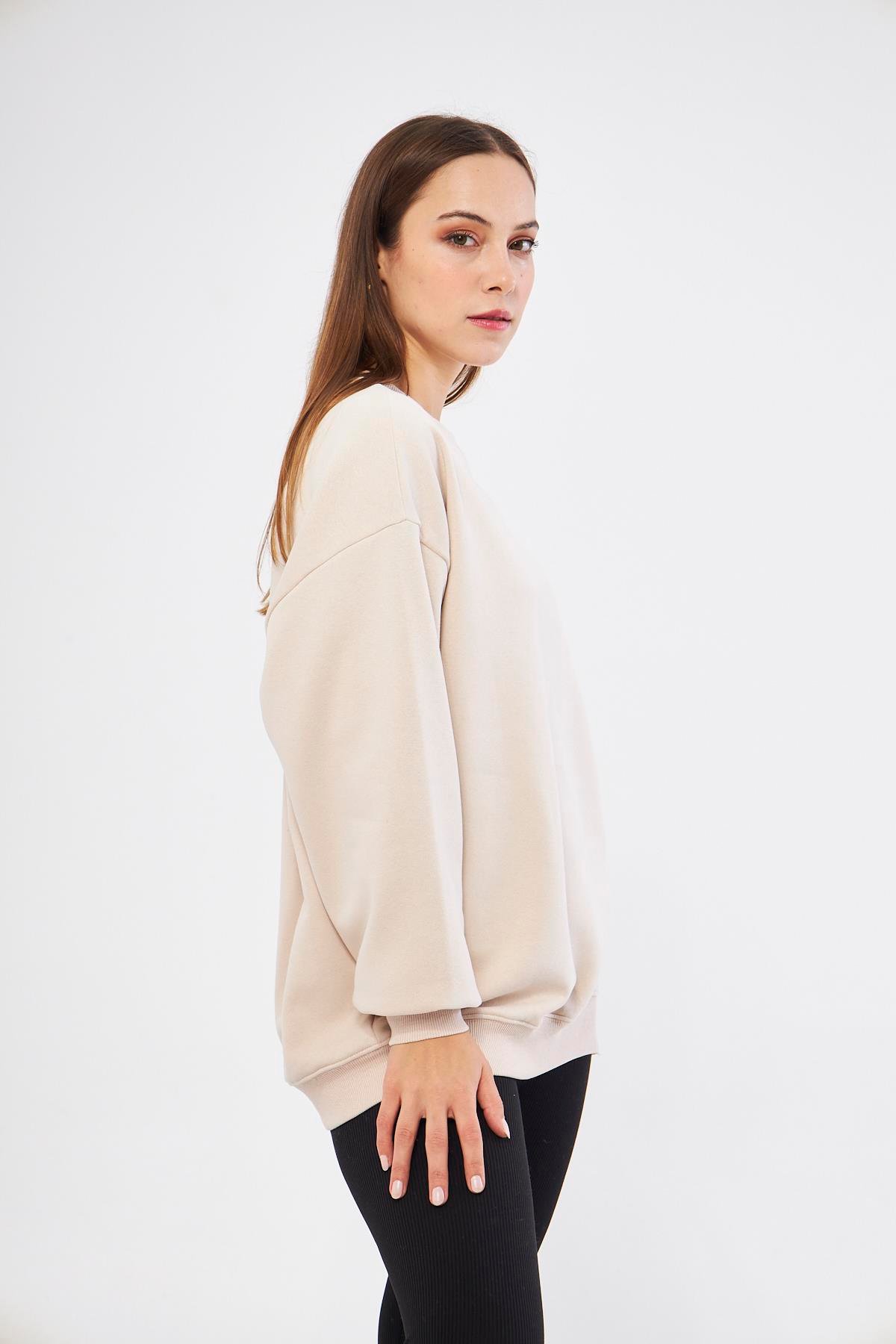 Bej Kadın Oversize Basic Sweatshirt - Karmen