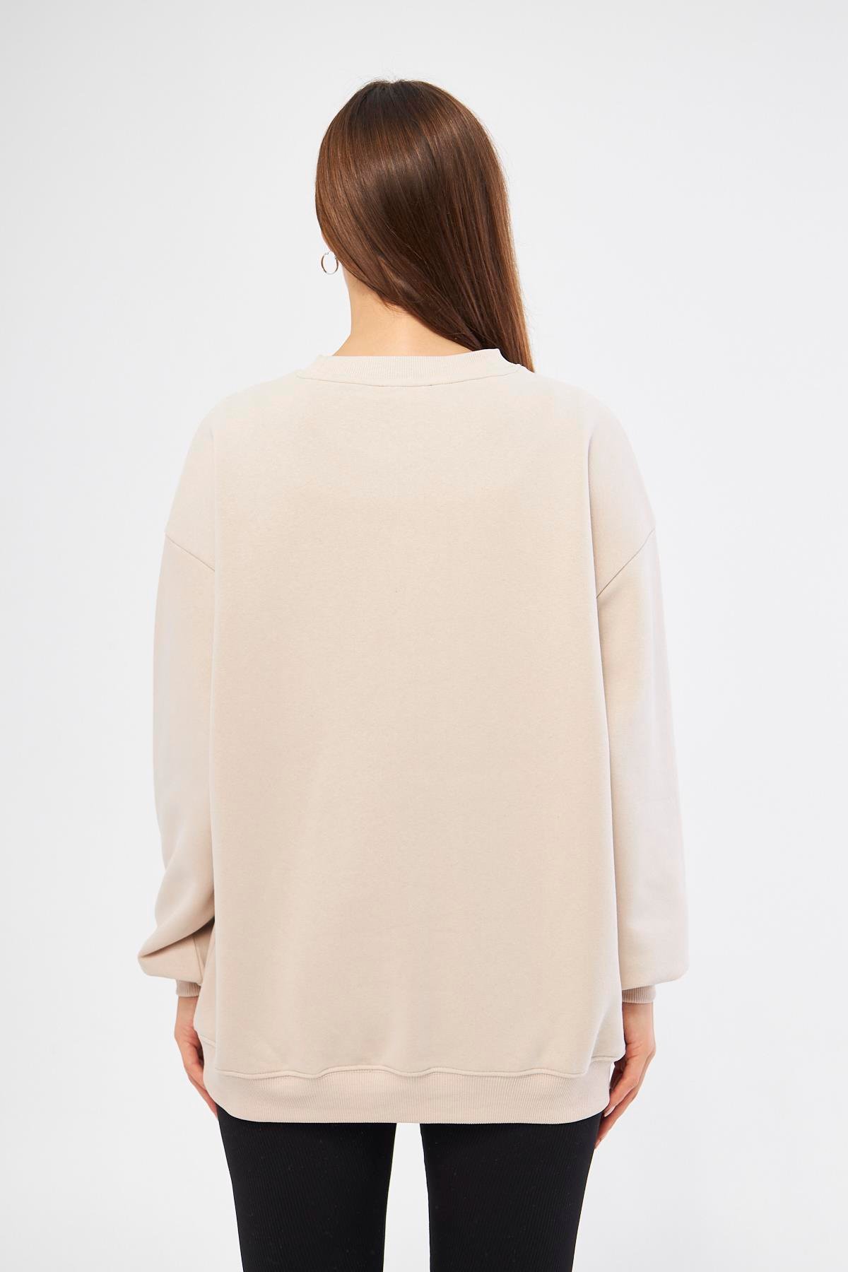 Bej Kadın Oversize Basic Sweatshirt - Karmen