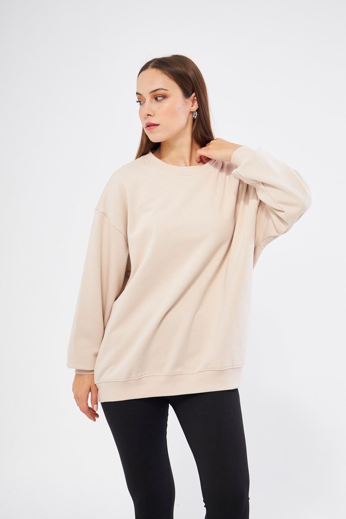 Bej Kadın Oversize Basic Sweatshirt - Karmen
