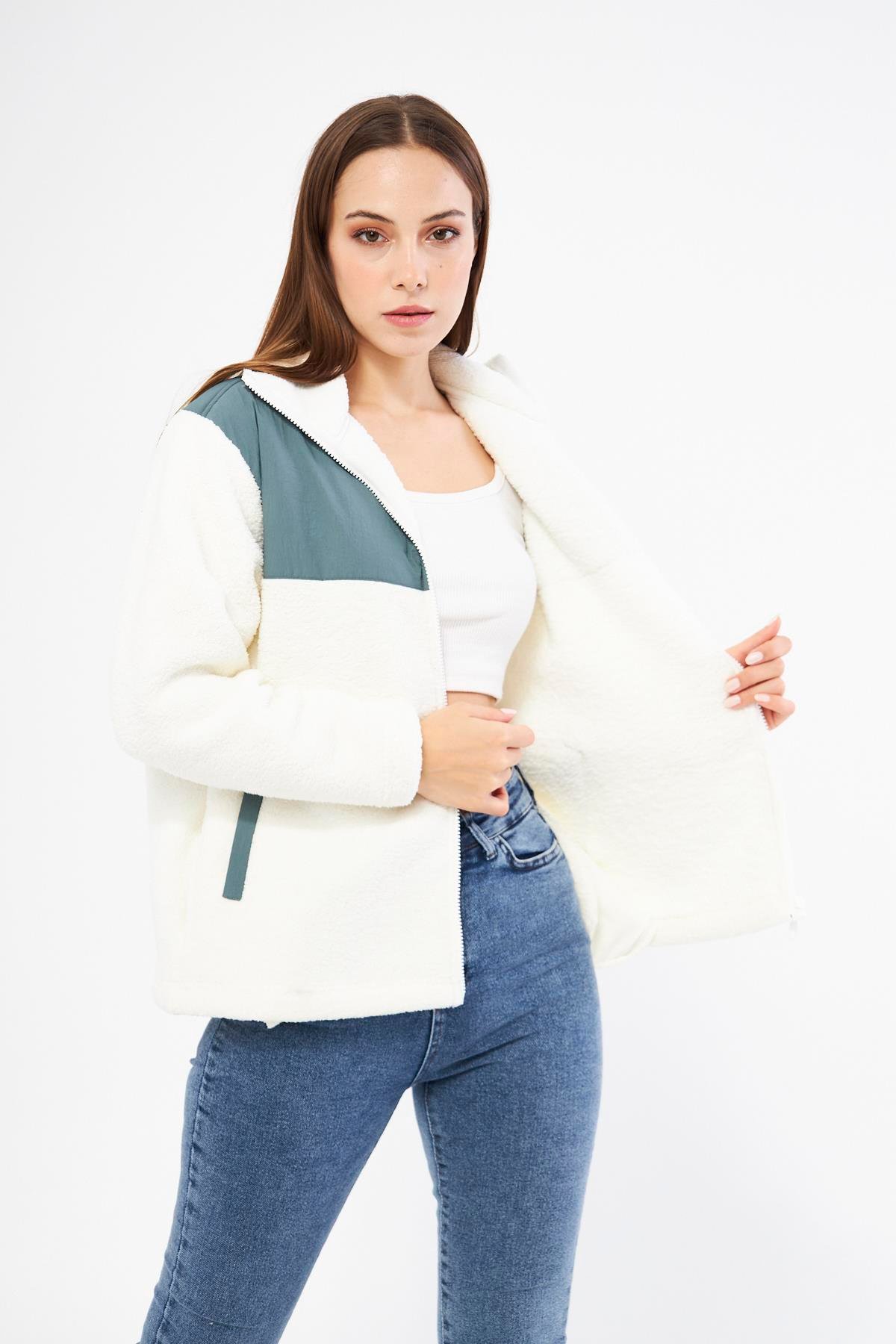Beyaz Hybrid Fermuarlı Sherpa Hırka - Auro