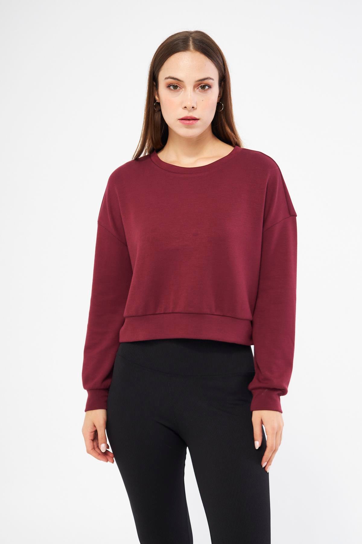Bordo Kadın Uzun Kollu Crop Sweatshirt - Gobi