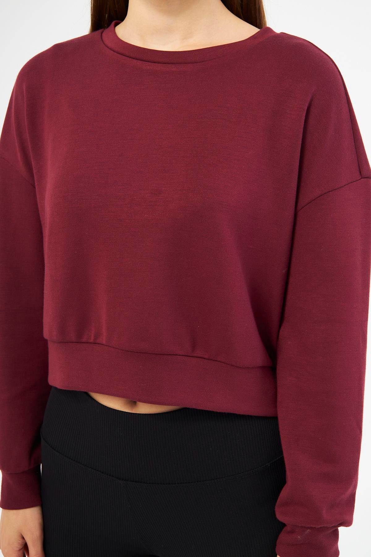 Bordo Kadın Uzun Kollu Crop Sweatshirt - Gobi