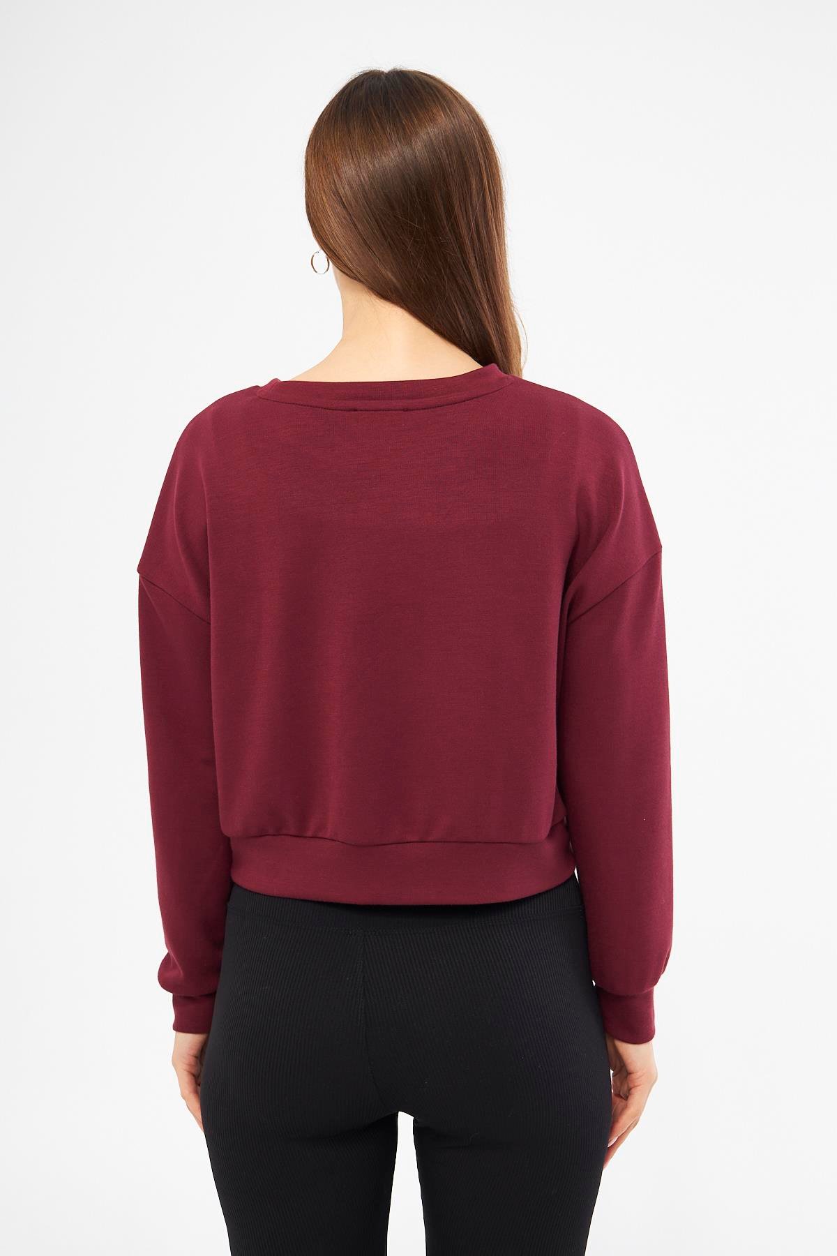 Bordo Kadın Uzun Kollu Crop Sweatshirt - Gobi