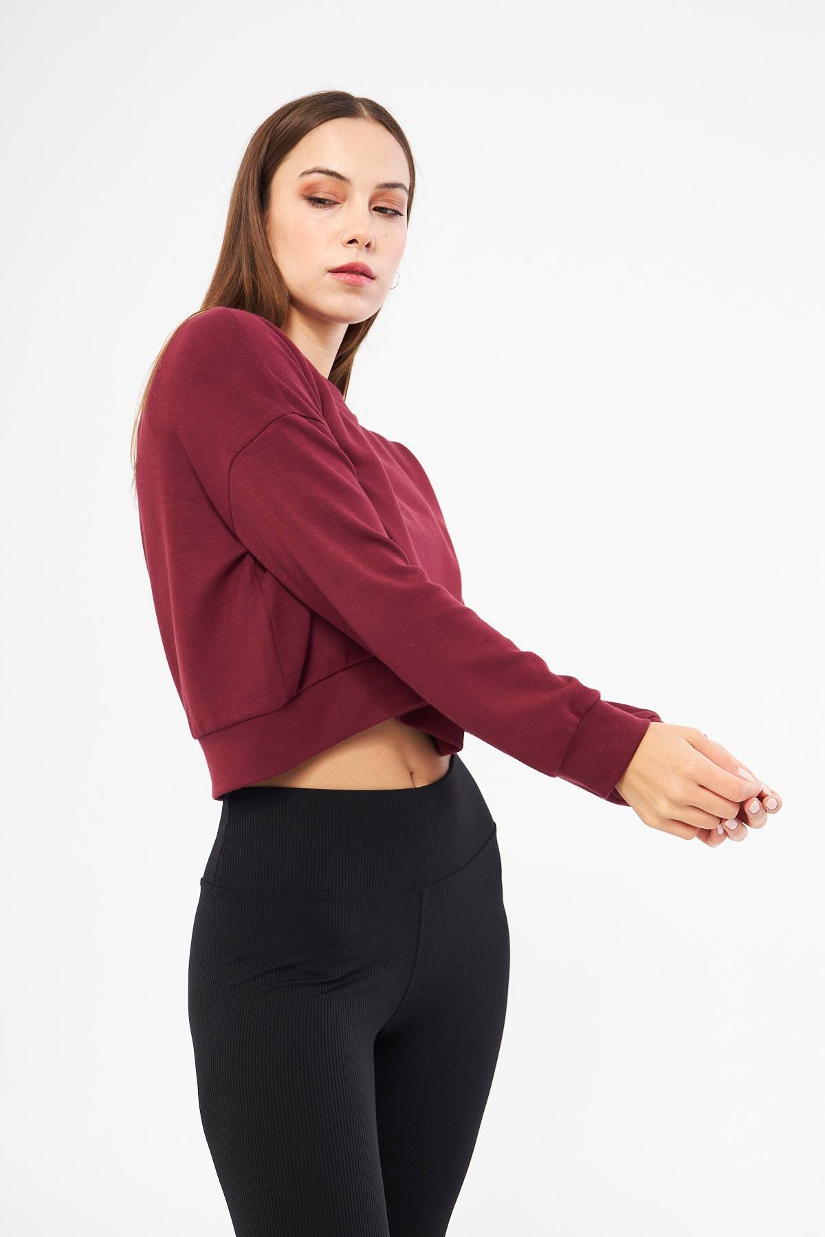 Bordo Kadın Uzun Kollu Crop Sweatshirt - Gobi