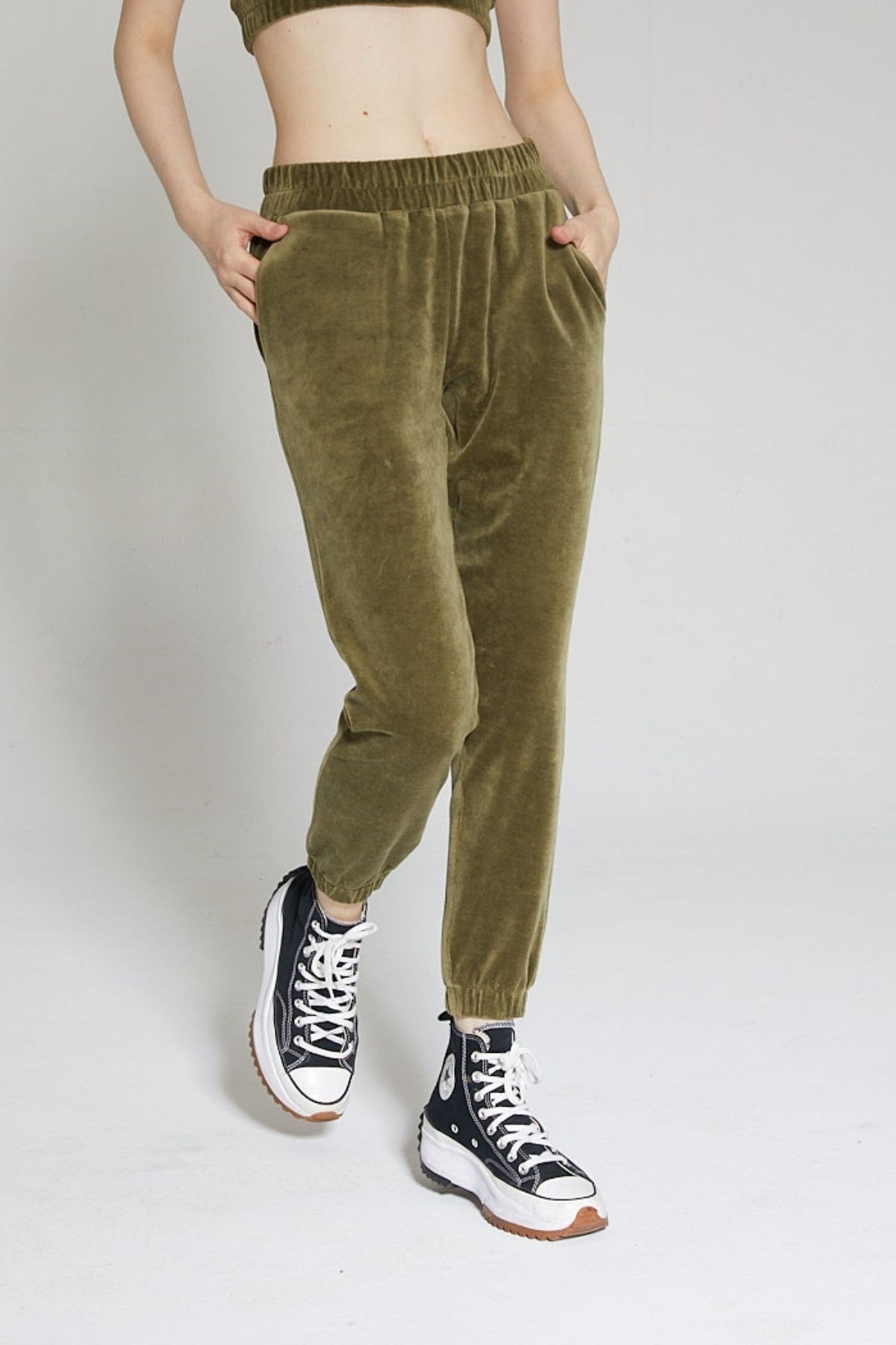 Haki Kadın Kadife Jogger Pantolon - Vale