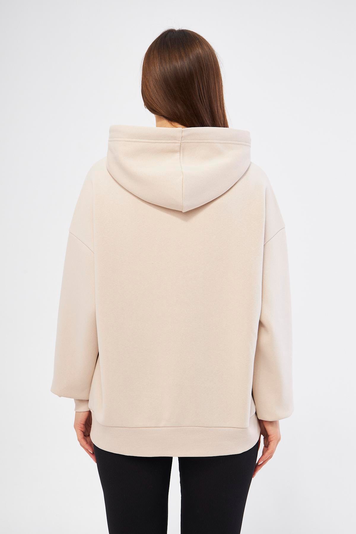Kadın Oversize Basic Kapüşonlu Sweatshirt Bej - Fruno