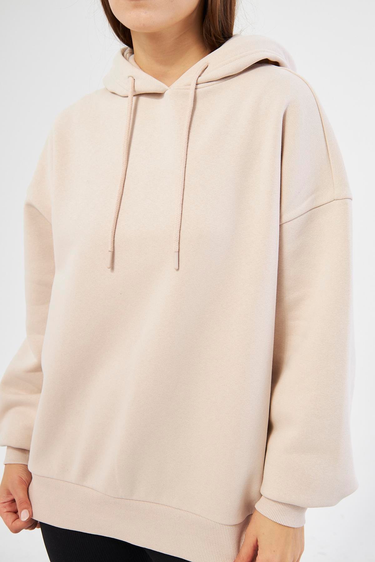 Kadın Oversize Basic Kapüşonlu Sweatshirt Bej - Fruno