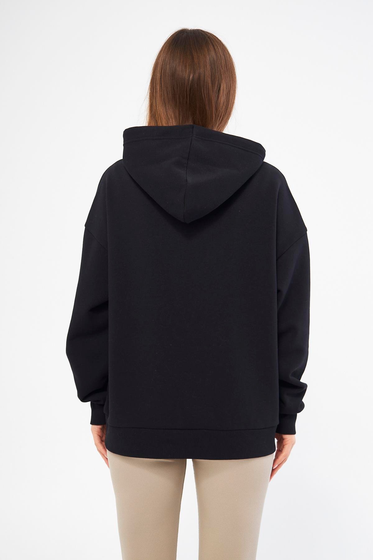 Kadın Oversize Basic Kapüşonlu Sweatshirt Siyah - Fruno