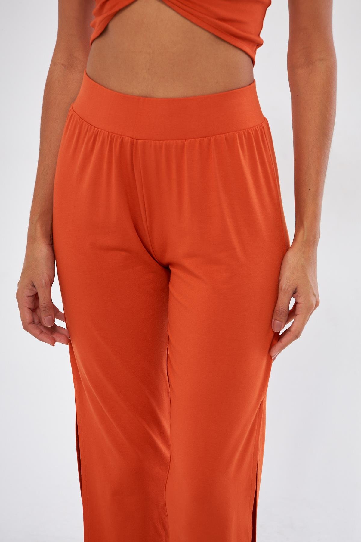 Kadın Turuncu Yırtmaç Detaylı Beli Lastikli Şalvar Görünümlü Pantolon Joggers - Bella