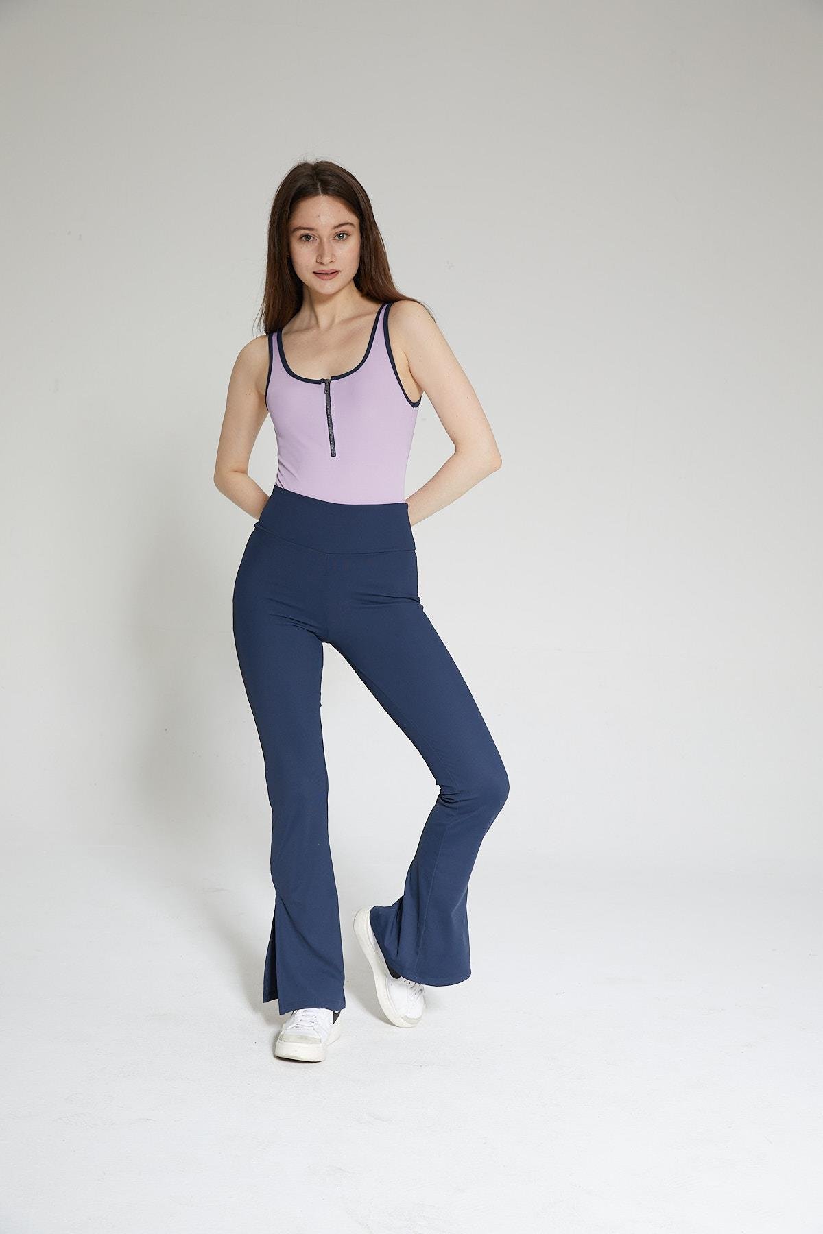 Mor Kadın İnce Kolsuz Fitilli Fermuar Detaylı Bodysuit - Front
