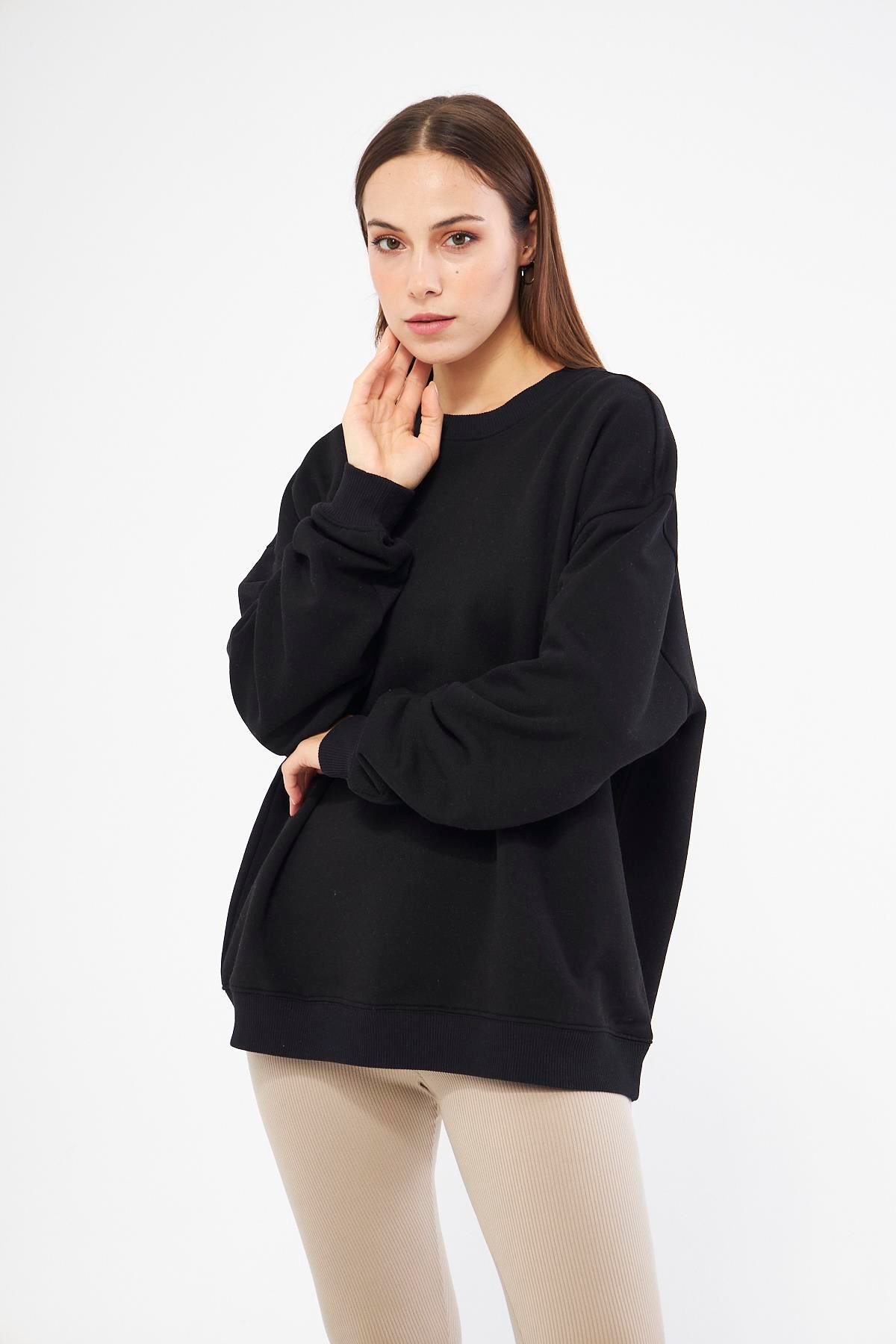 Siyah Kadın Oversize Basic Sweatshirt - Karmen