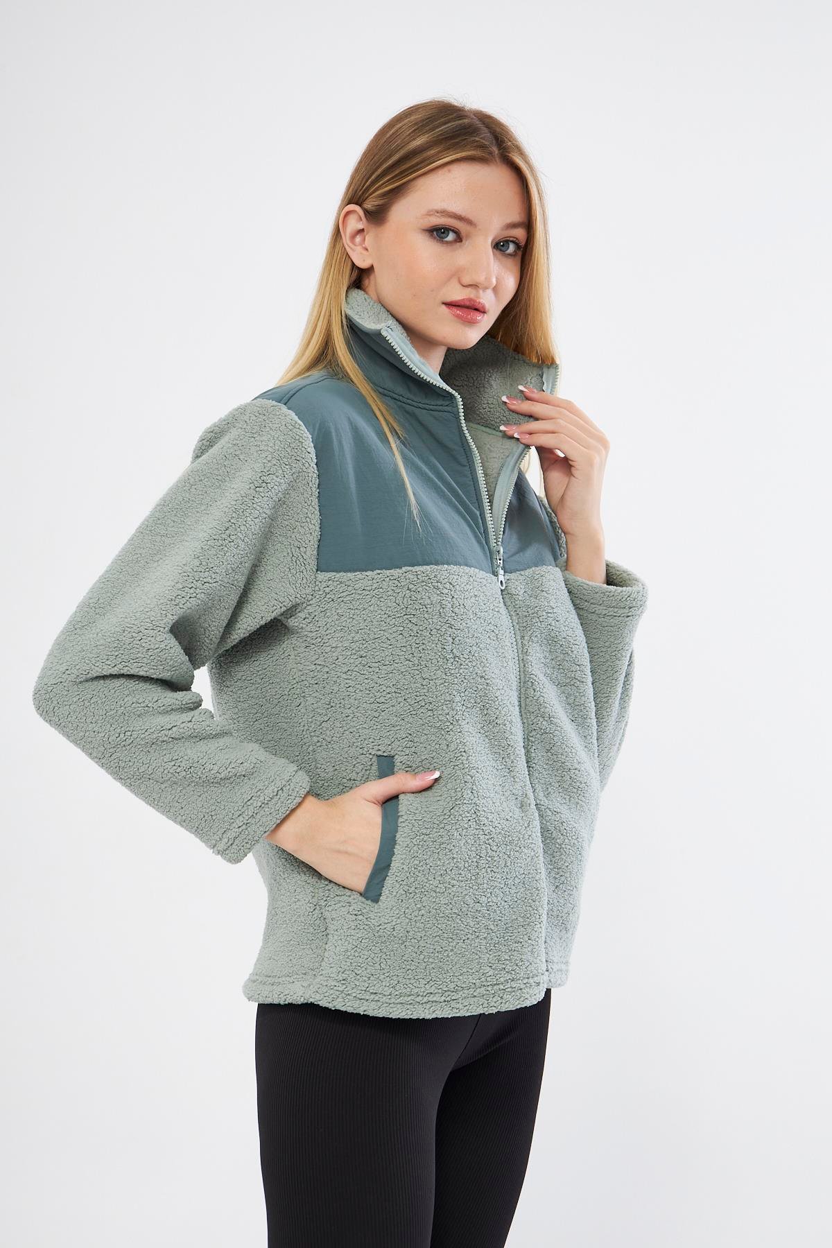 Yeşil Hybrid Fermuarlı Sherpa Hırka - Auro