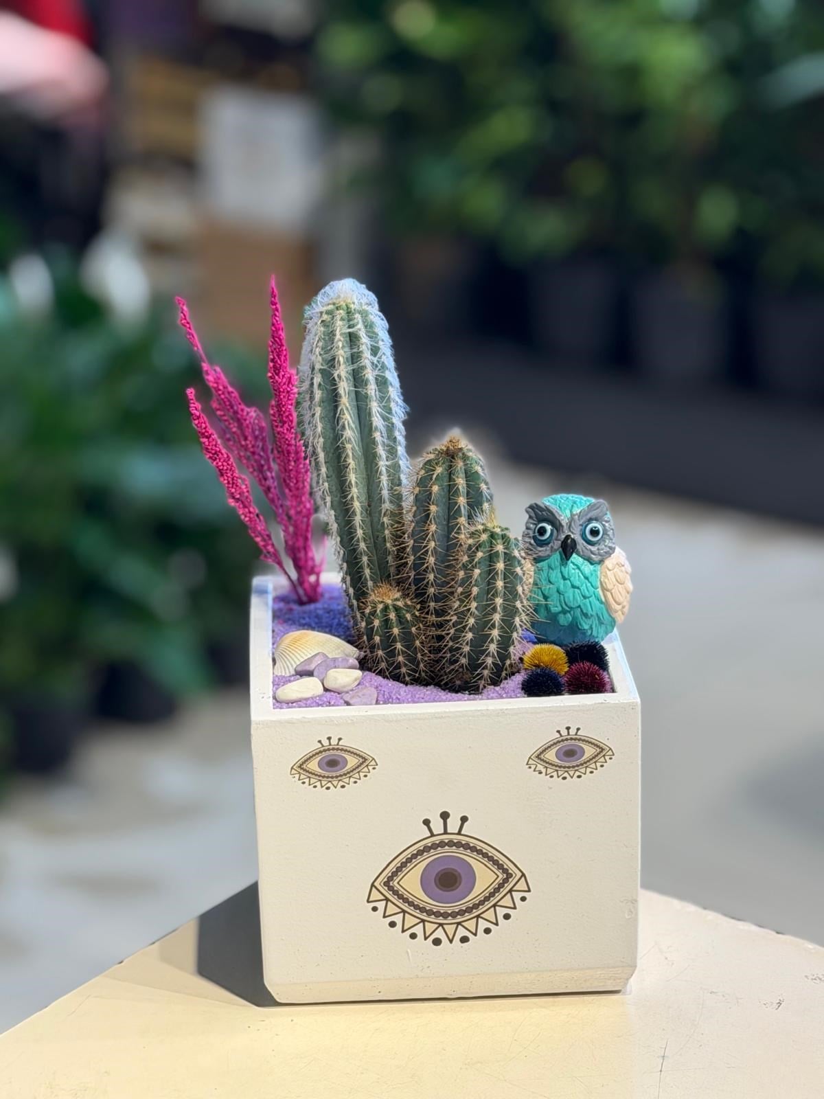 Kare Seramik İçerisinde Kaktüs Pembe Kuru Çiçek Detaylı
