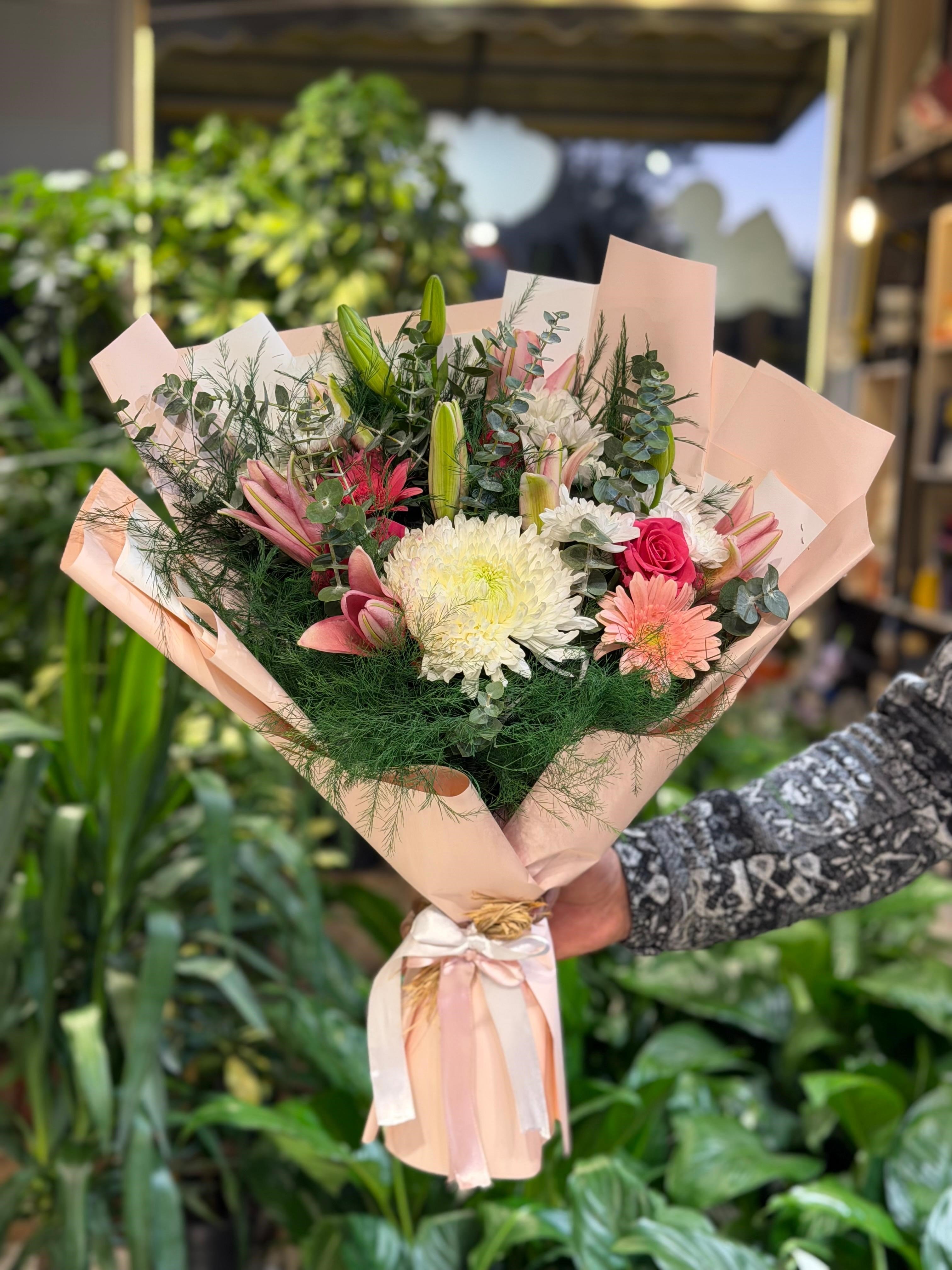 Lilyum Krizantem Buketi Pembe Paket 