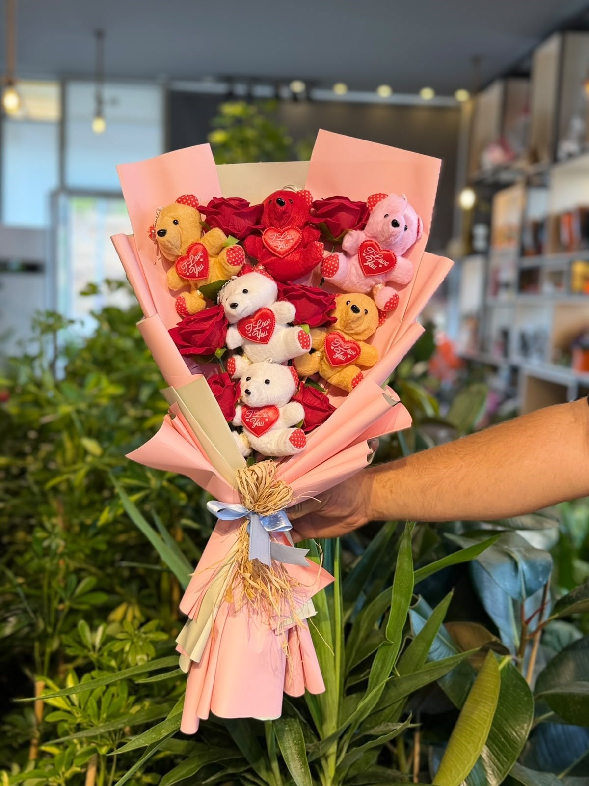 Renkli Peluş Ayıcık Yapay Kırmızı Gül Pembe Paket 