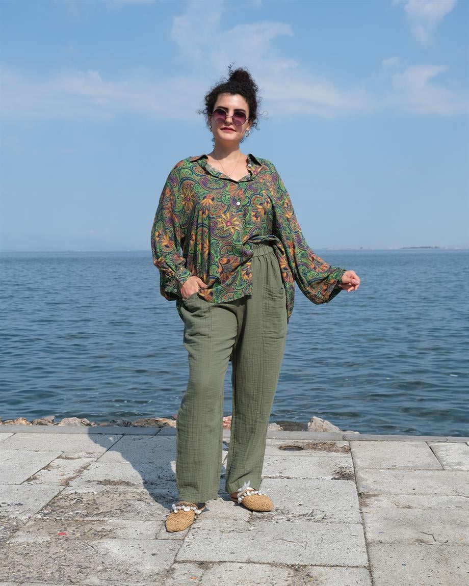 Önden Cepli Müslin Pantolon Yeşil