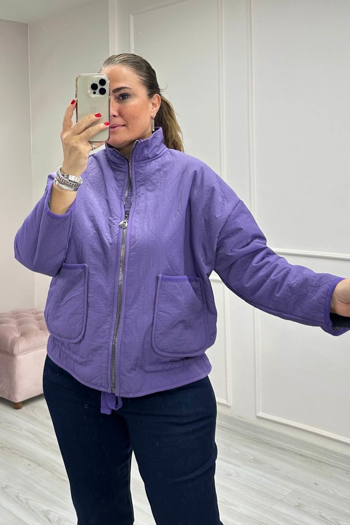 Alt Büzgü Detaylı Dik Yakalı Mont-Mor