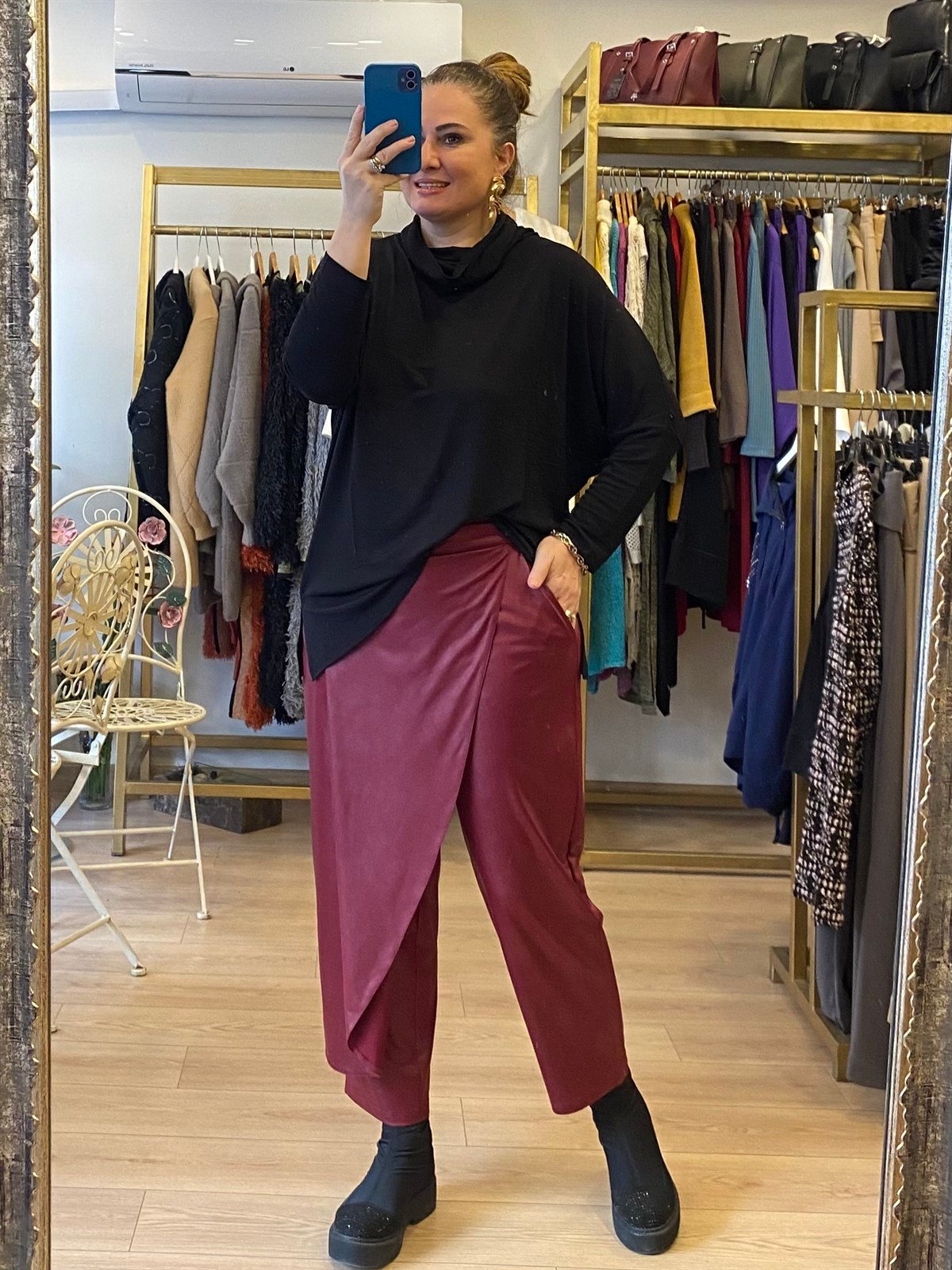 Anvelop Detaylı Deri Görünümlü Pantolon Bordo