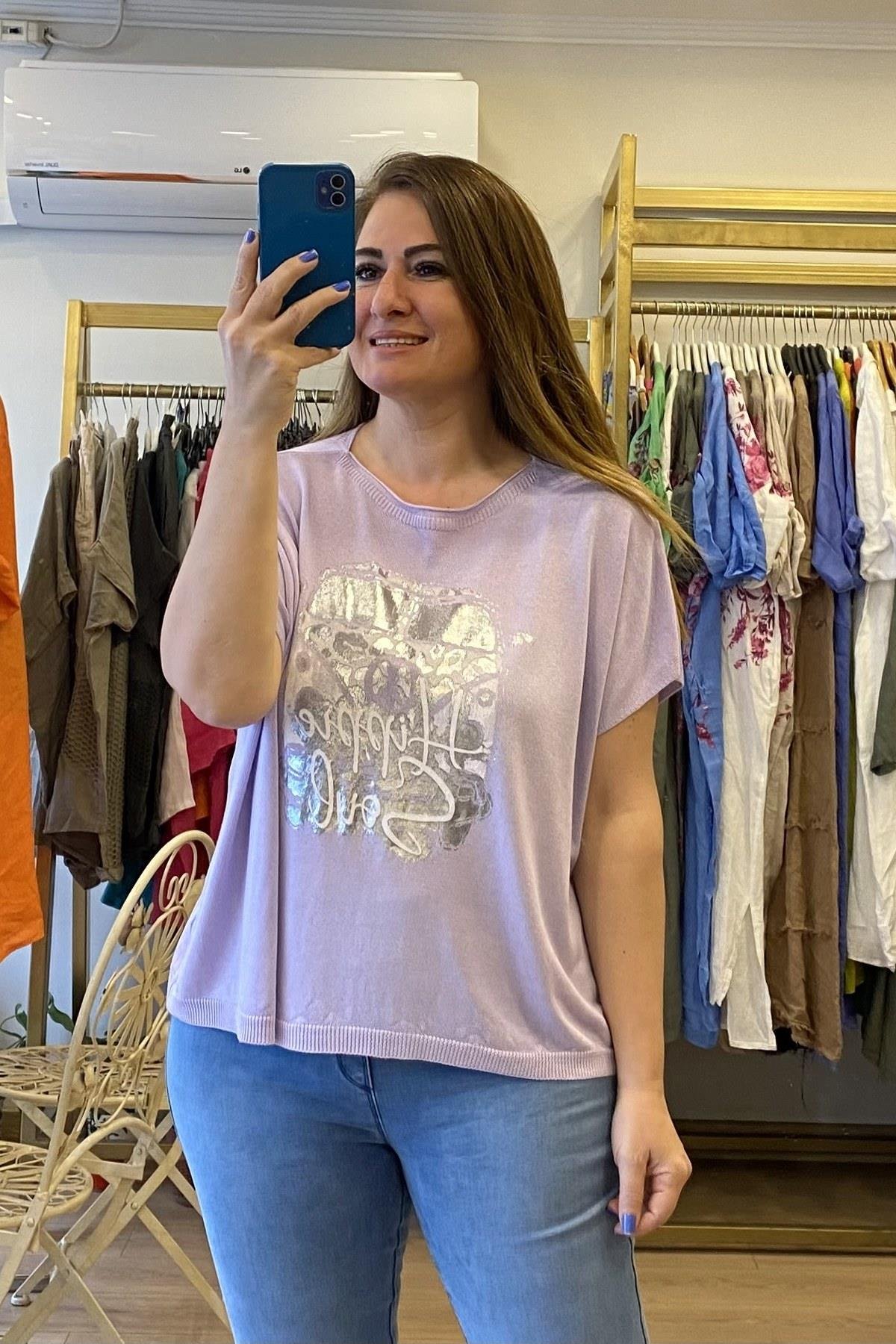 Araba Desenli Triko Bluz Lila