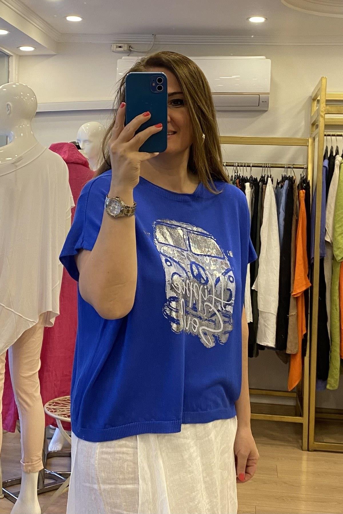 Araba Desenli Triko Bluz Sax Mavi