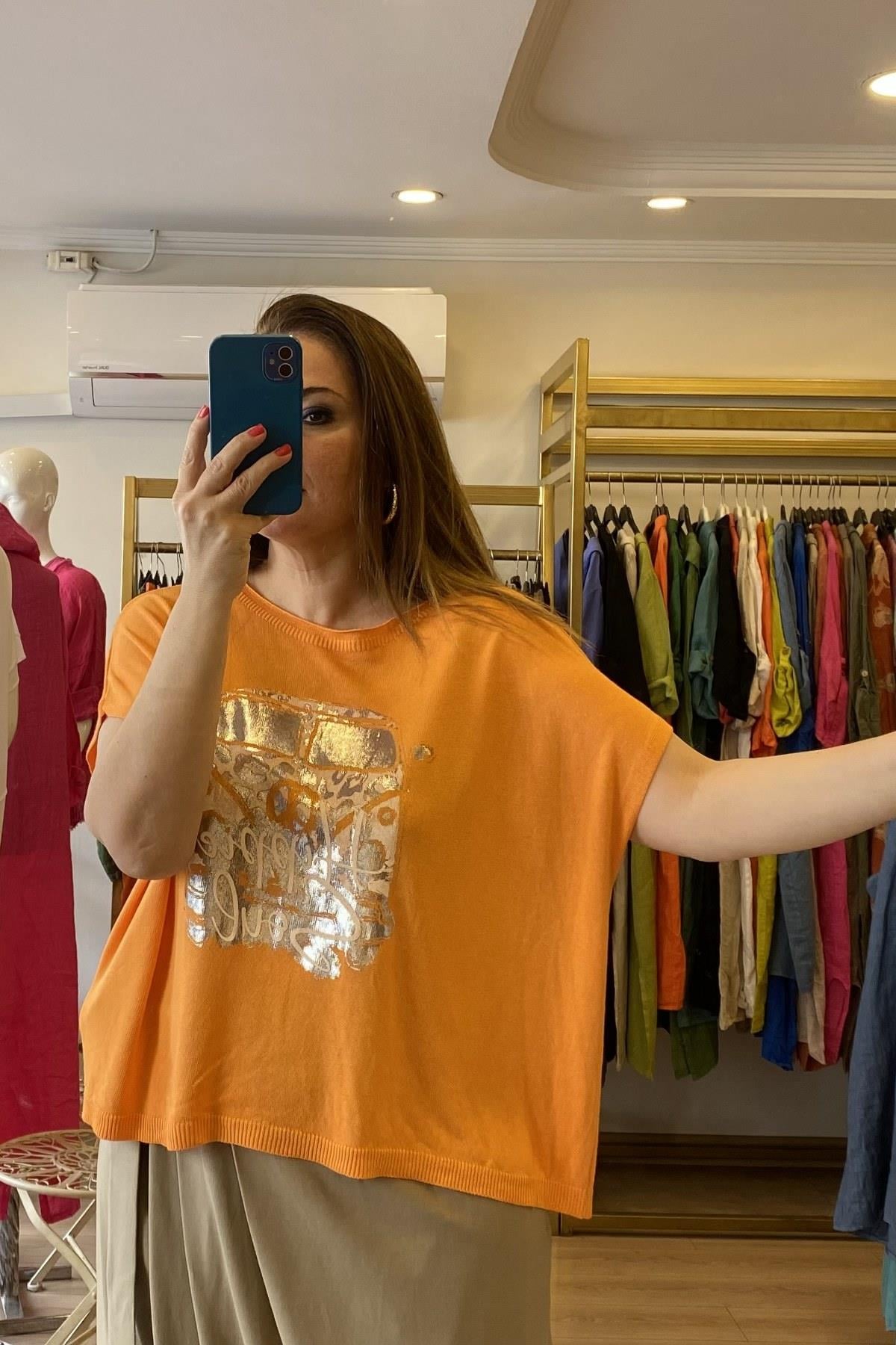 Araba Desenli Triko Bluz Turuncu