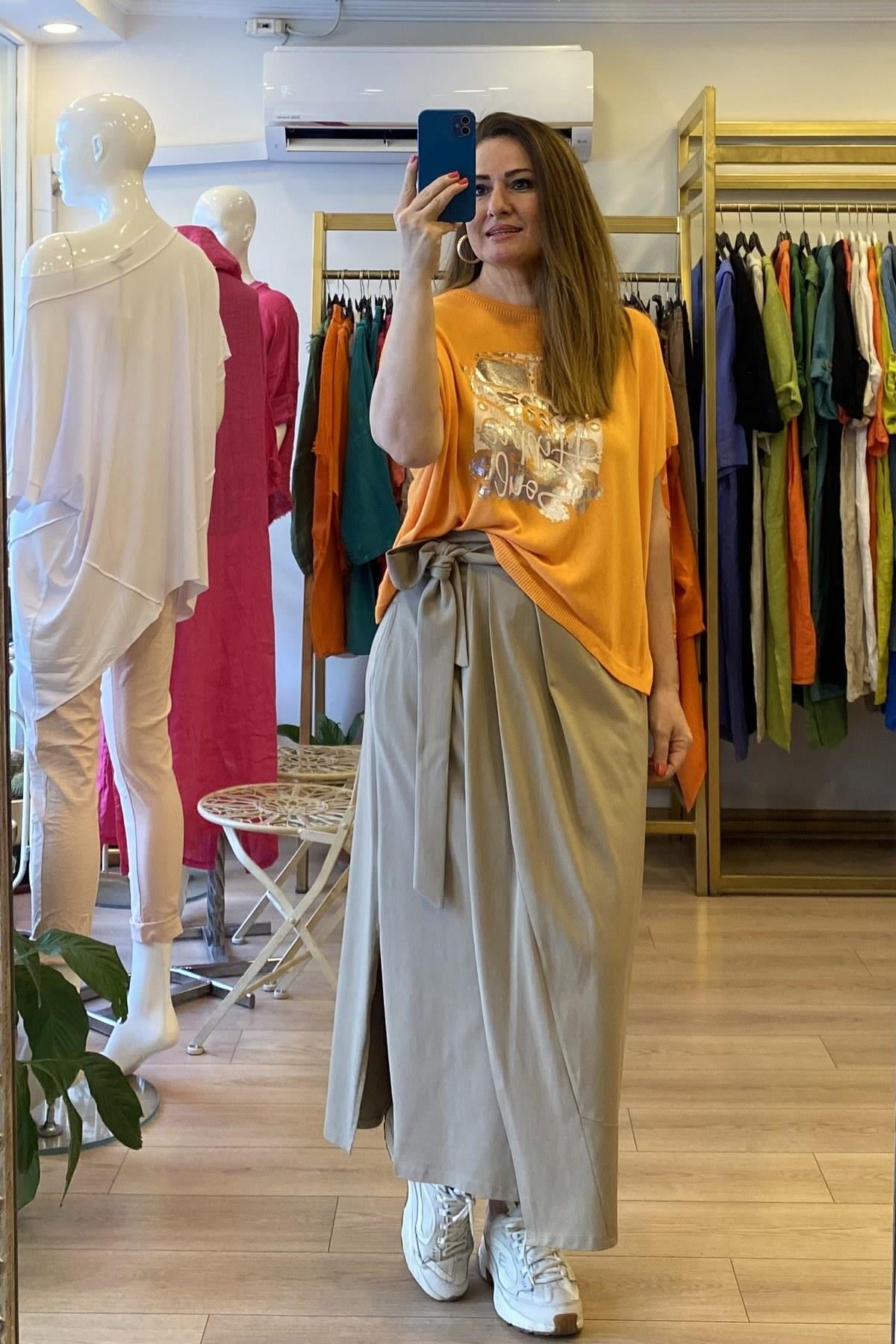Araba Desenli Triko Bluz Turuncu
