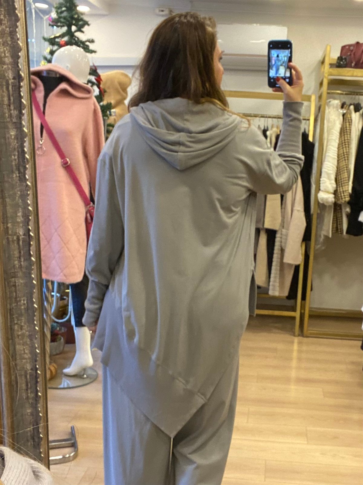 Asimetrik Arka Detaylı Kapüşonlu Madal Ceket Gri