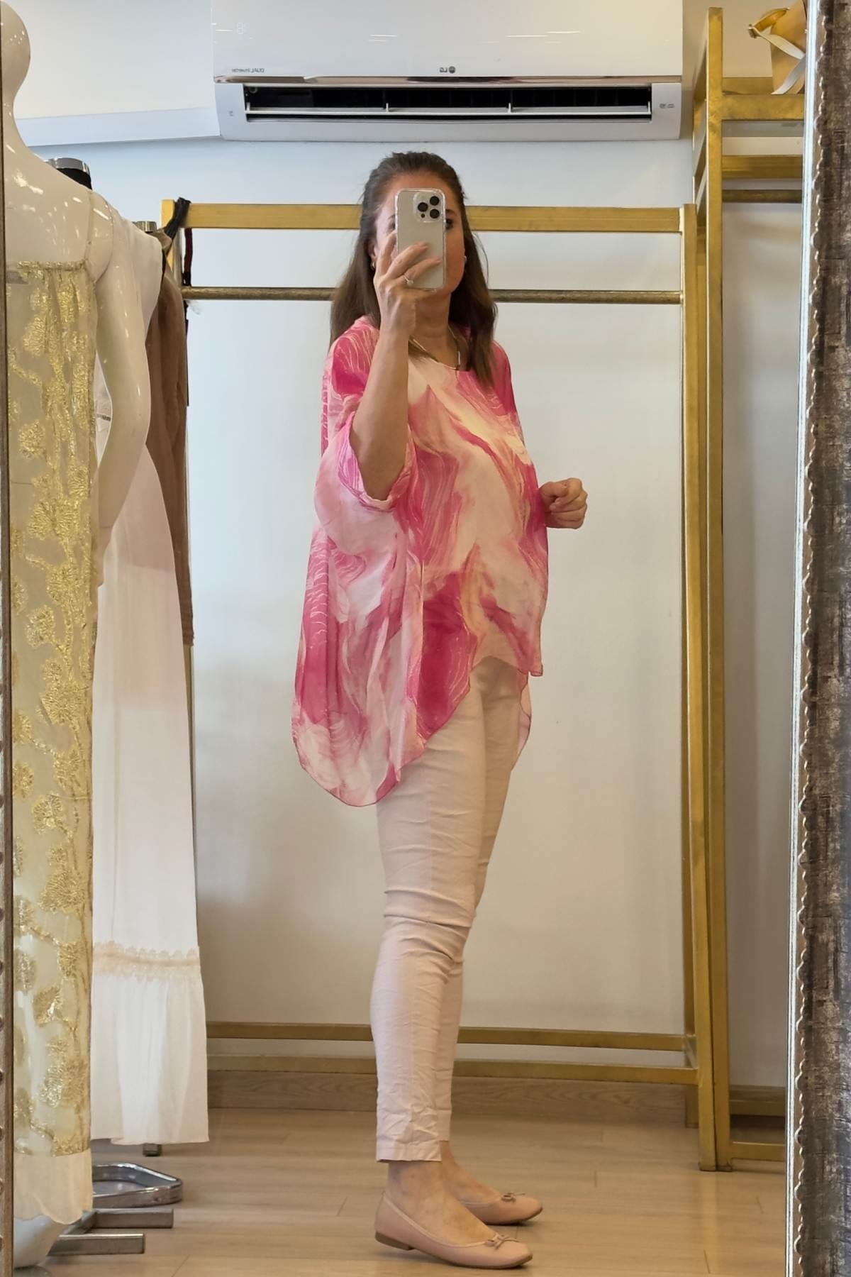Asimetrik Desenli İpek Bluz Pembe