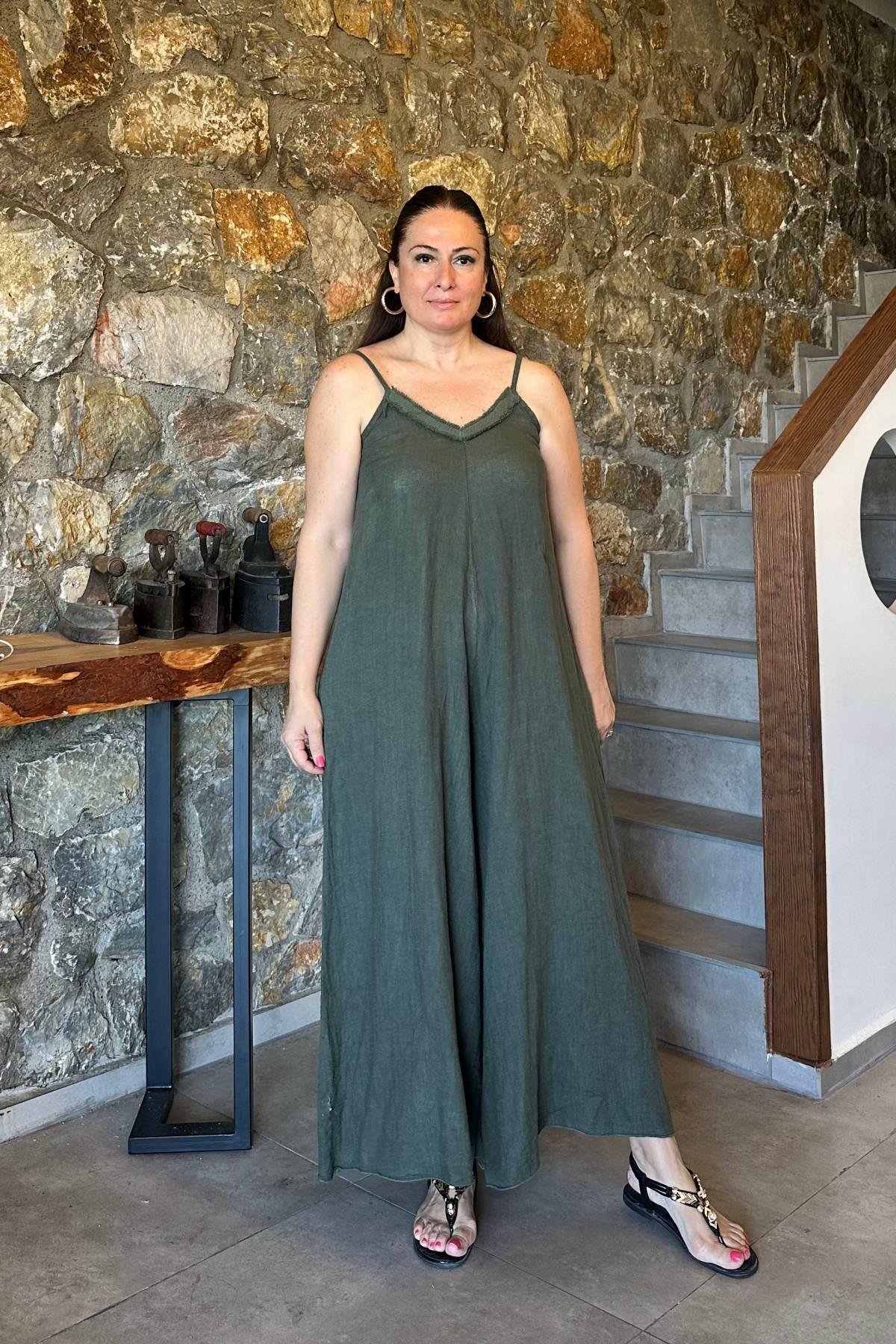 Askılı Yaka Püskül Detaylı V Yakalı Bol Paça İthal Keten Tulum Haki Yeşil