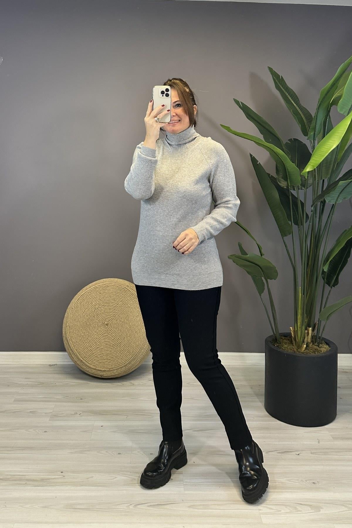 Balıkçı Yaka Reglan Kol Kazak Gri
