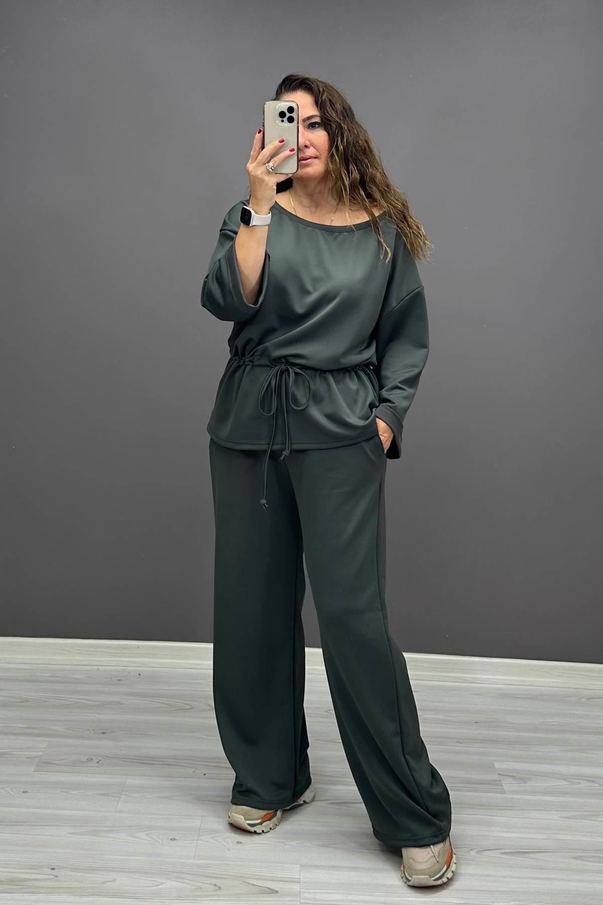 Bel Büzgü Detaylı Takım Haki Yeşil