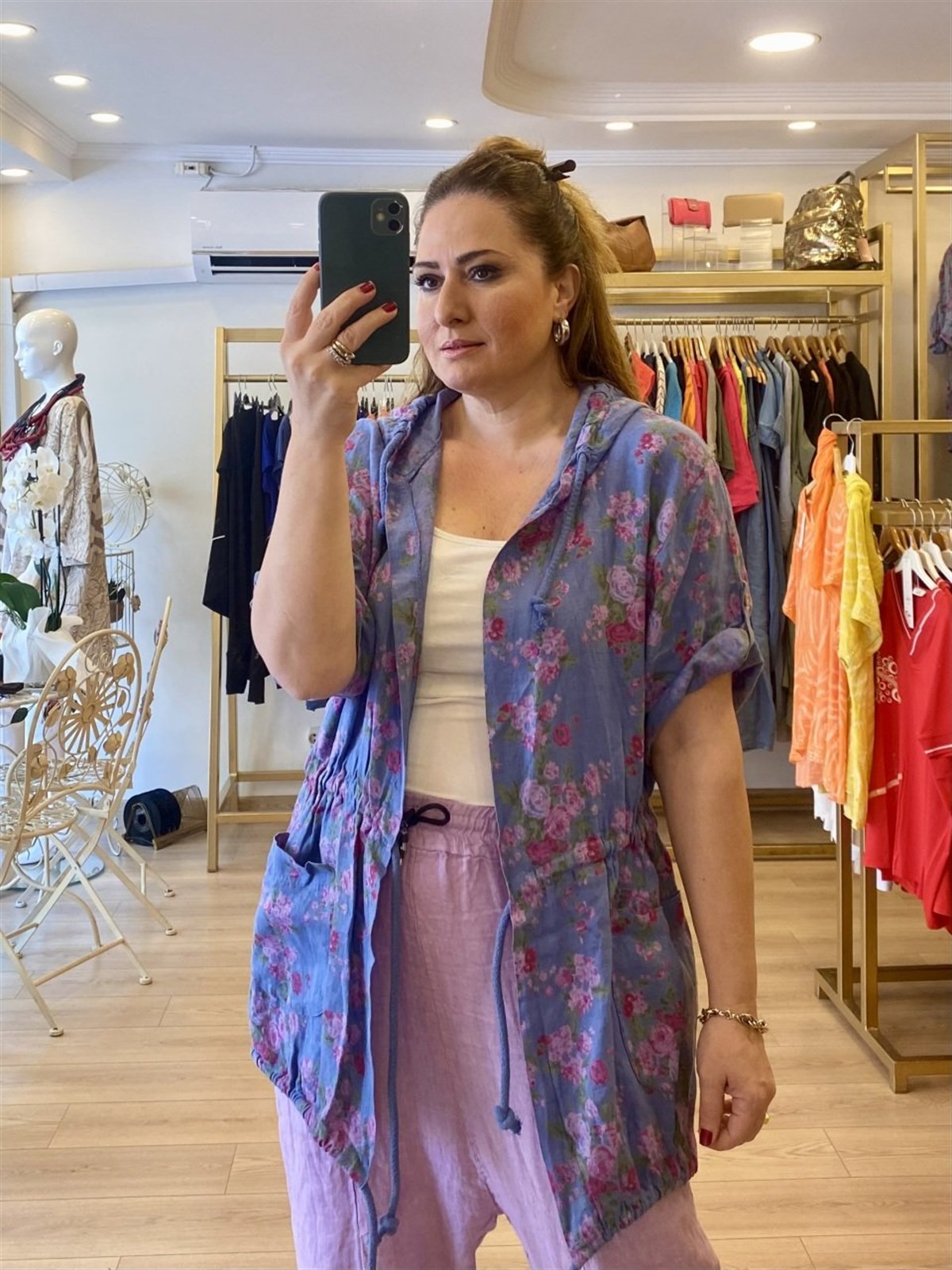 Bel büzgülü keten kumaş ceket indigo mavi