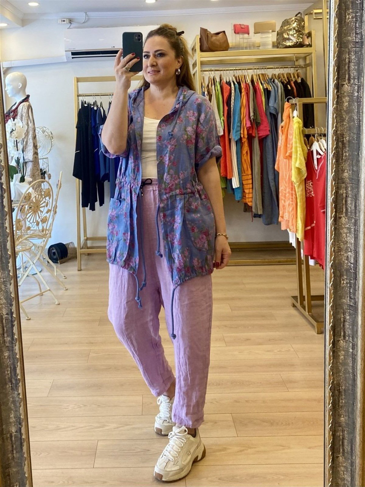 Bel büzgülü keten kumaş ceket indigo mavi