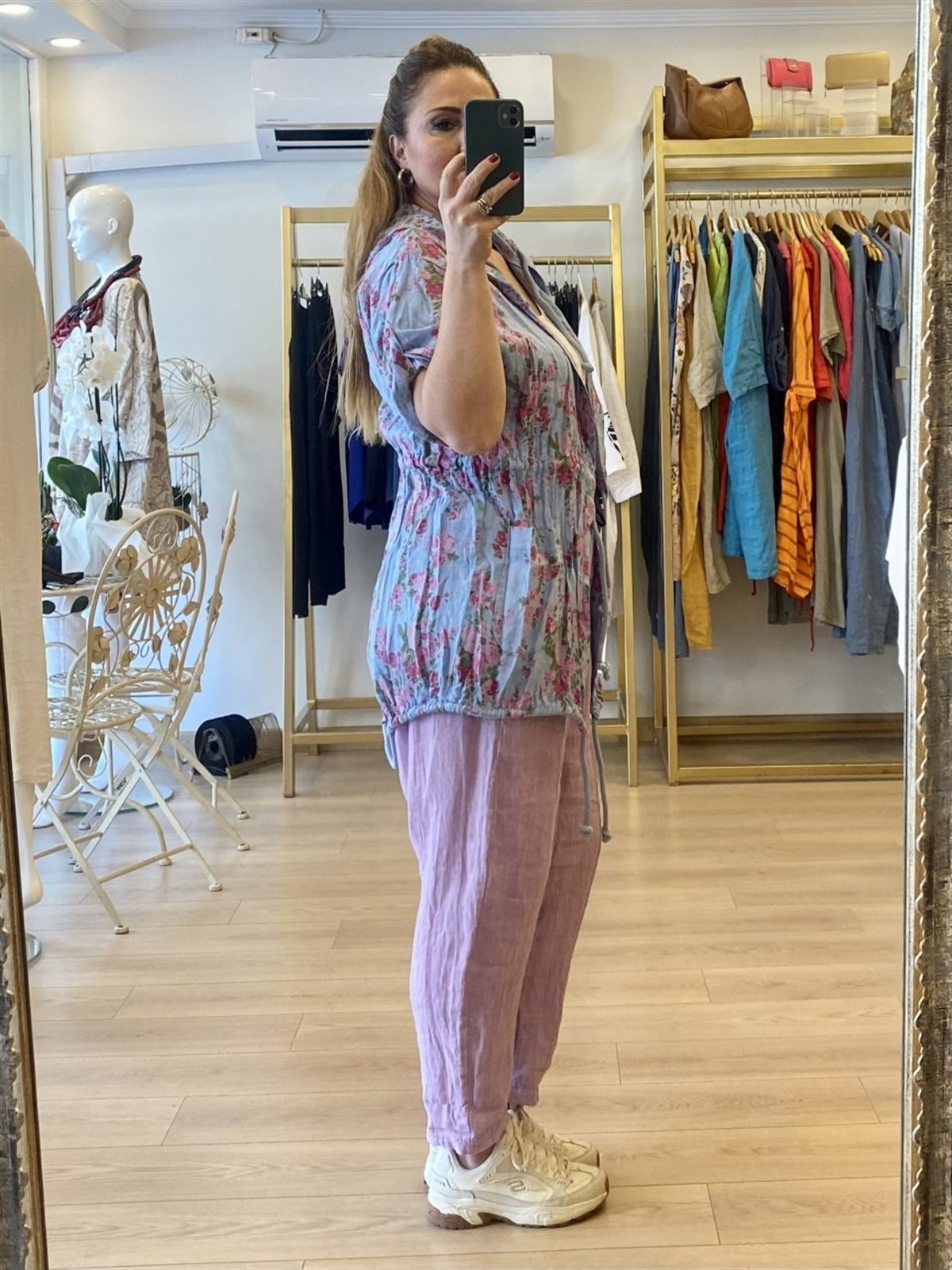 Bel büzgülü keten kumaş ceket mavi