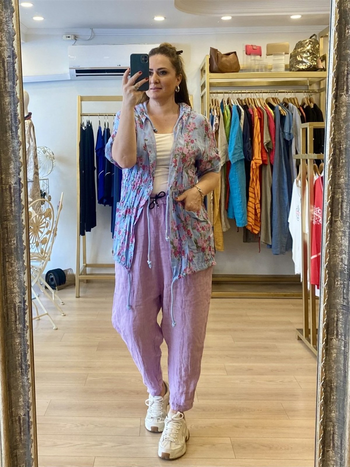 Bel büzgülü keten kumaş ceket mavi