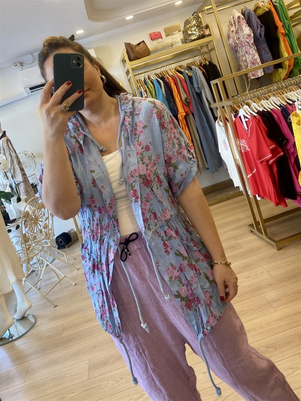 Bel büzgülü keten kumaş ceket mavi