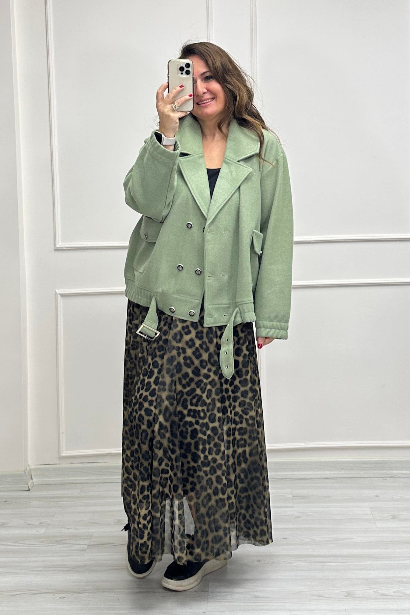 Bel Kemer Detaylı Cepli Mont Açık Yeşil