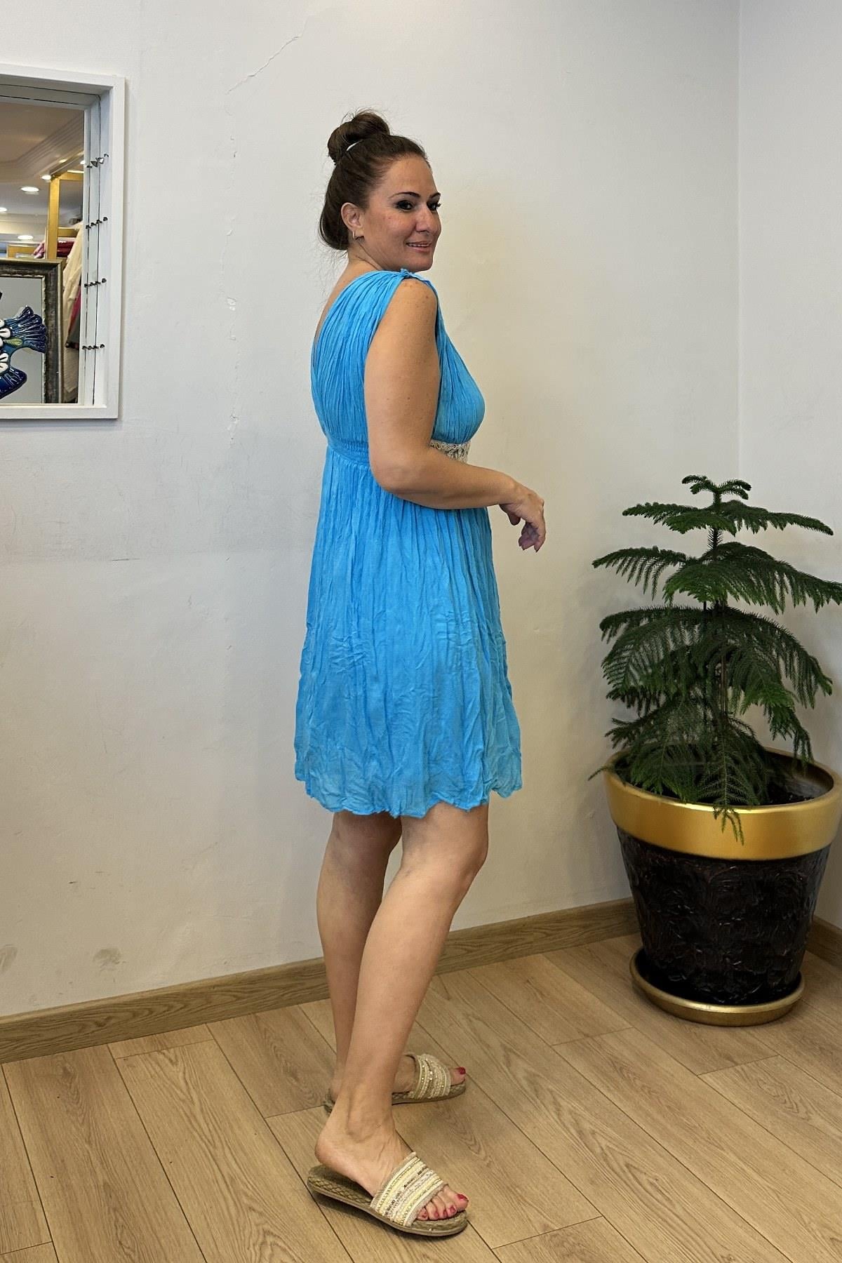 Bel Nakış Detaylı Mini Elbise Mavi