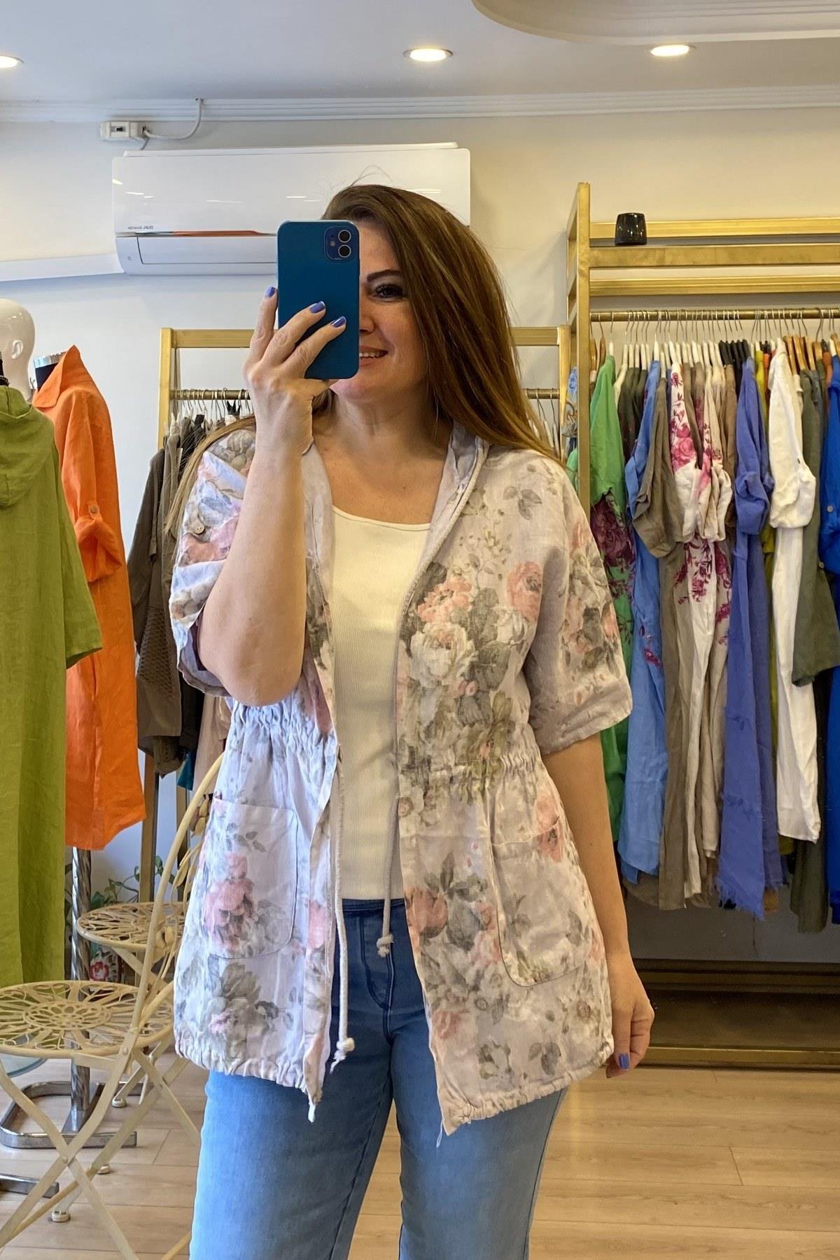 Beli Büzgülü Keten Ceket Gri