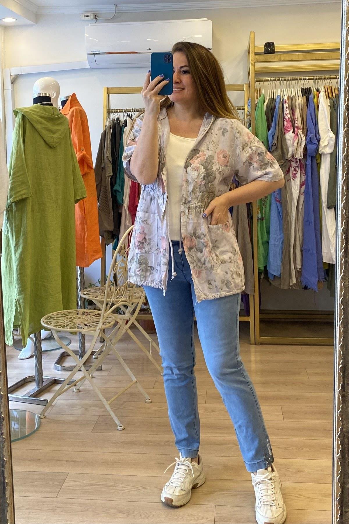 Beli Büzgülü Keten Ceket Gri